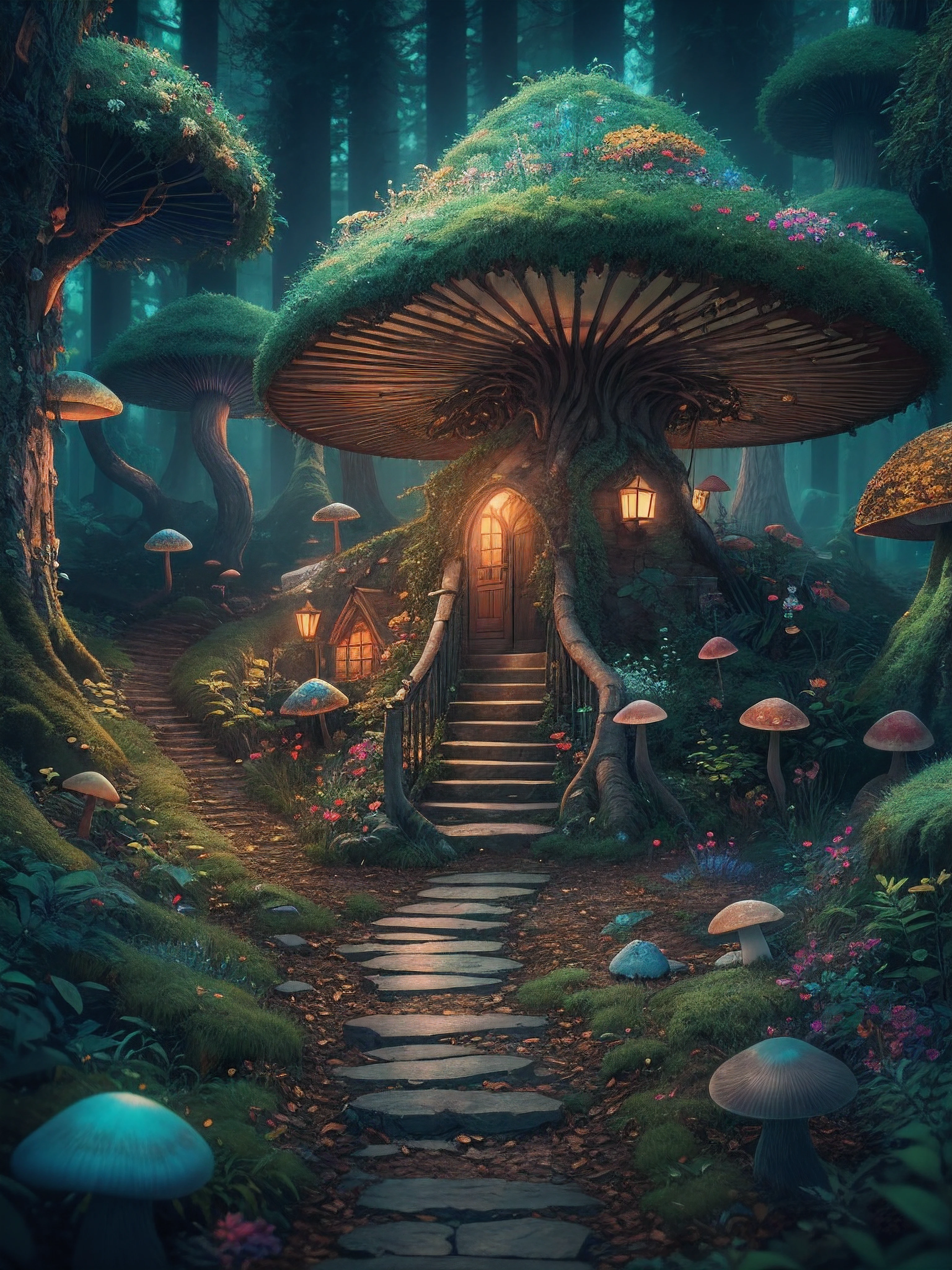 an illustration of the enchanted forest, with tall green trees, small colorful house in a fantasy mushroom in the center, magic, centered, symmetry, painted, intricate, volumetric lighting, beautiful, rich deep colors masterpiece, sharp focus, ultra detailed, astrophotography. The composition is very detailed, 8K, perfect composition., ultra hd, realistic, vivid colors, highly detailed, UHD drawing, pen and ink, perfect composition, beautiful detailed intricate insanely detailed octane render trending on artstation, 8k artistic photography, photorealistic concept art, soft natural volumetric cinematic perfect light