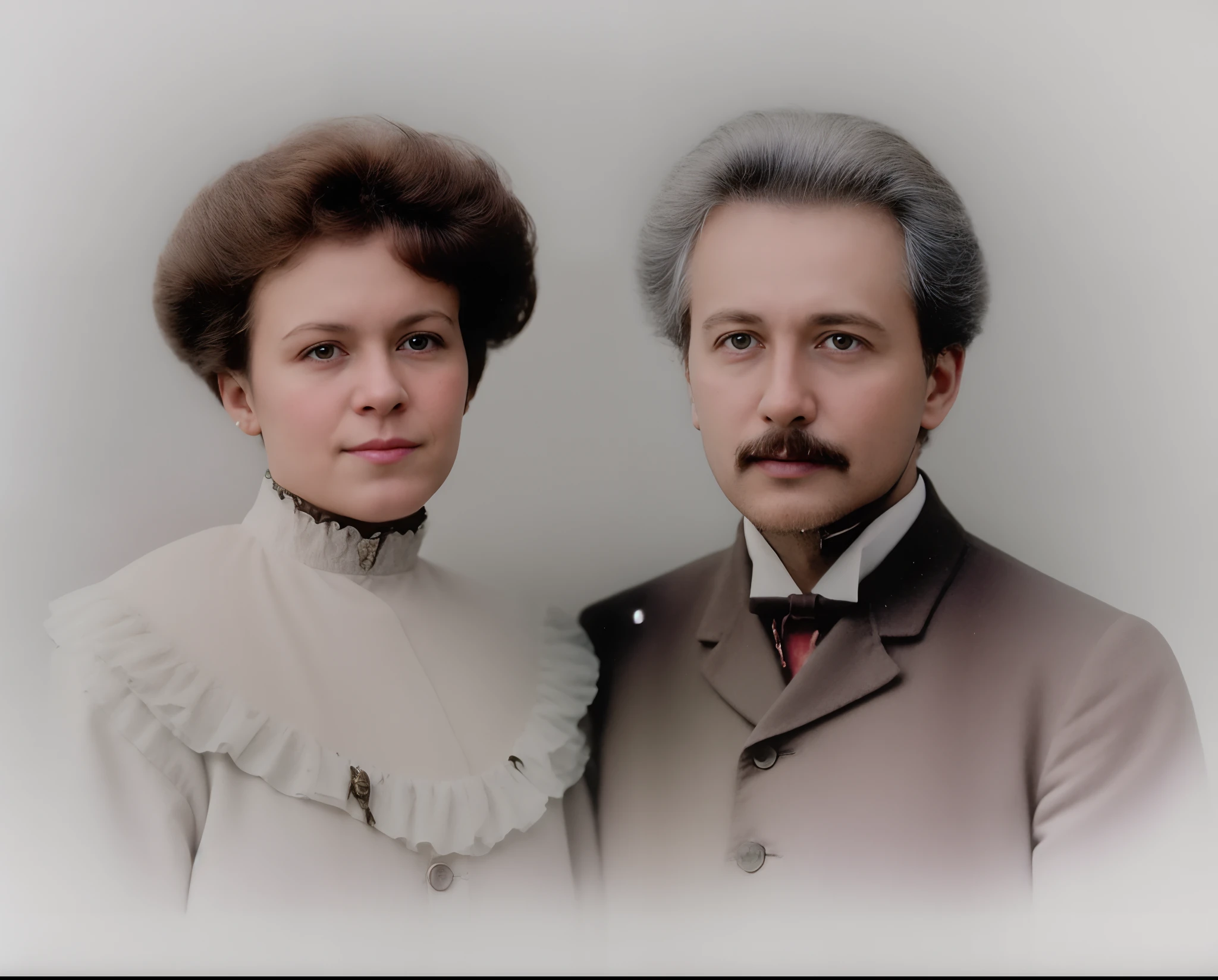 there are two people that are posing for a picture together, a colorized photo, colorized photo, colorized 1 9 0 4 photo, colorized photograph, colorized, colourized, restored photo, old color photo, colorized photon, coloured photo, colorized background, colourised, old color photograph, colored photo, color studio portrait, vintage color photo