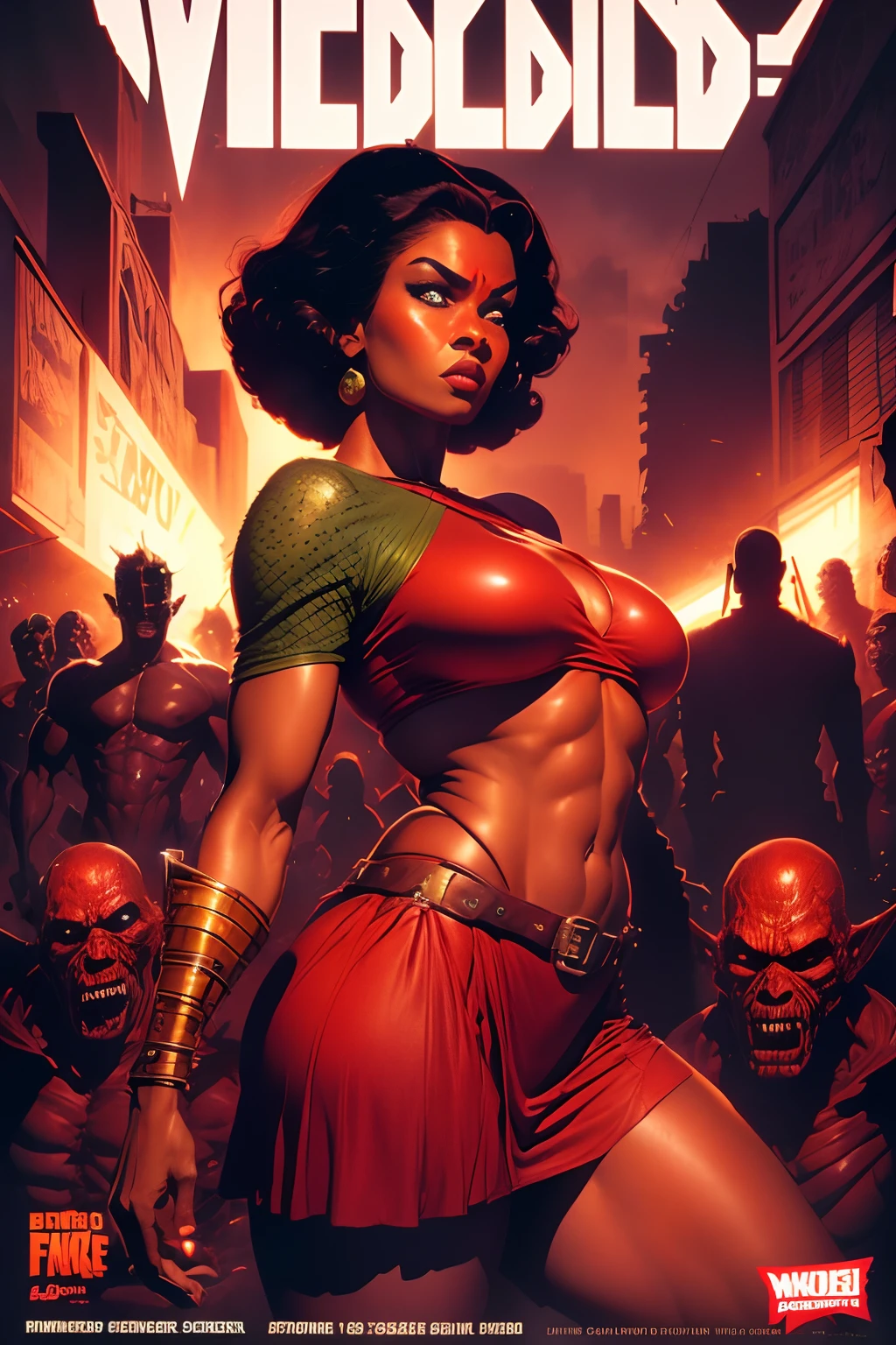 A woman in a red skirt is surrounded by zombies, Barry Windsor Soares, Marcos Silvestri, inspirado em Clyde Caldwell, Directed by: Clyde Caldwell, Frank Frzetta, Estilo Richard Corben, Marcos Schultz, Mike Ploog, john buscema, Jeffrey Jones, frank frazetta manga style, ( Arte Fitzpatrick ), Directed by: Richard Corben, Directed by: Frank Miller
