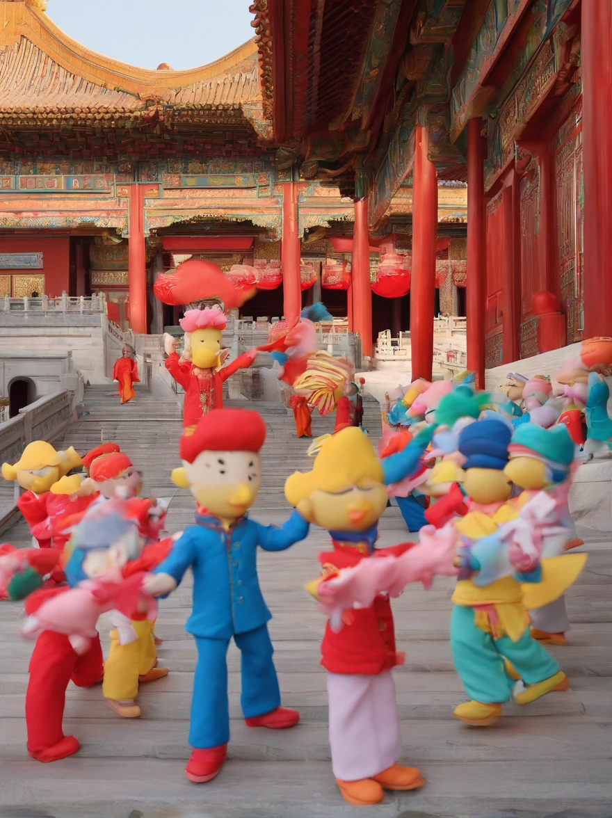 In front of the Forbidden City, Children dressed in festive costumes cheered,Red lantern,White doves of peace,Red flags flying,Colorful fireworks,National Day atmosphere