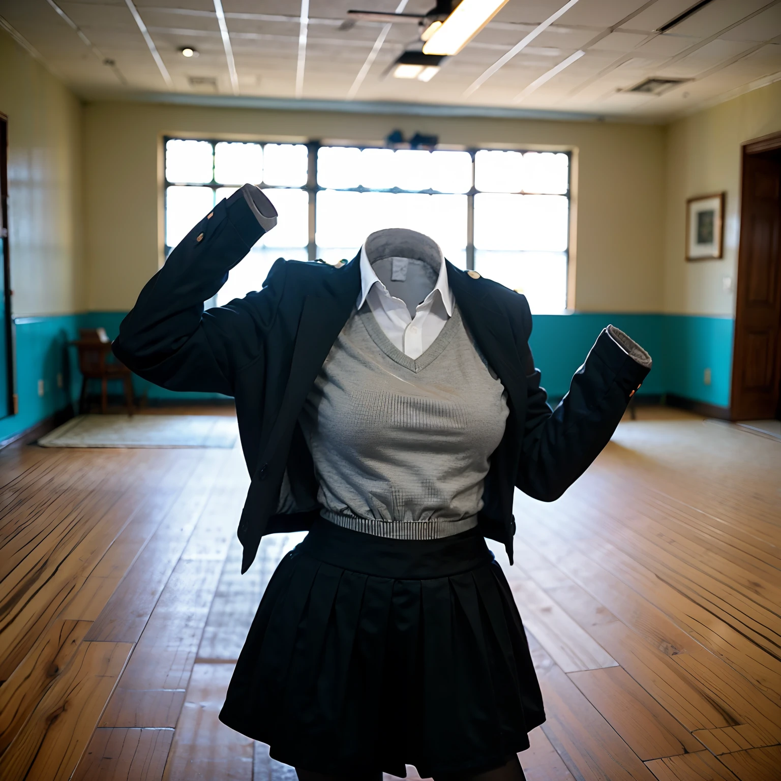 school uniform and leggings, ((invisible, no humans:1.5, headless:1.5, handless, legless)), (big breast), close-up to breast, (extremely detailed), (photo realistic), (photon mapping), writing hard on desk in school