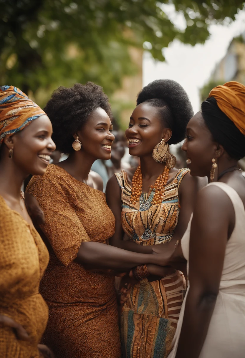 A group of African women talking to each other smiling in a street with trees on both sides, Vue transversale, detailed faces, Des visages parfaits, Variantes de couleurs de peaux, hair and eyes, well made up, maquillage Tribal soft