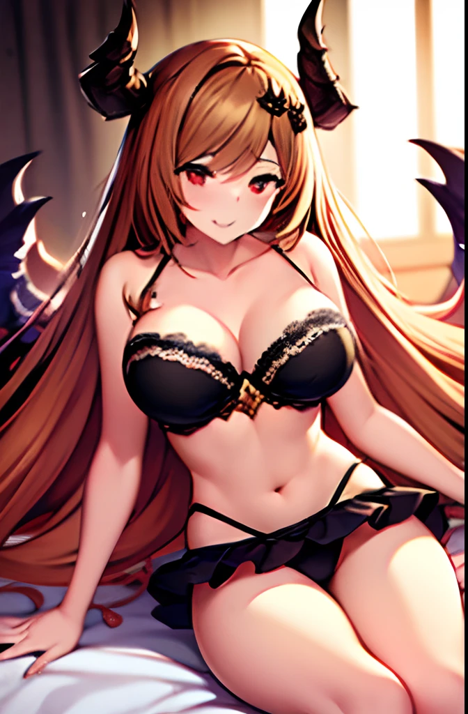 1girl, :d, bad_id, bad_pixiv_id, bare_arms, bare_legs, bare_shoulders, barefoot, bed, blush, bra, breasts, brown_hair, cleavage, collarbone, dark_angel_olivia, day, foreshortening, granblue_fantasy, hair_ornament, horns, indoors, light, long_hair, looking_at_viewer, medium_breasts, navel, on_bed, open_mouth, panties, pillow, red_eyes, sitting, smile, solo, stomach, strapless, strapless_bra, suzuame_yatsumi, underwear, underwear_only, very_long_hair, white_bra, white_panties