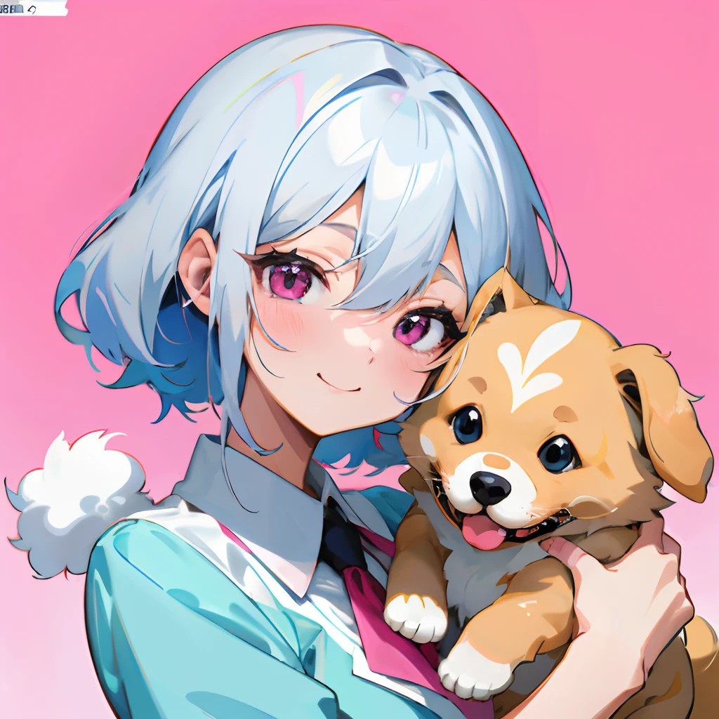 Anime girl with silver hair and pink eye edging, official artwork, , Lori, anime style portrait, anime moe art style, 2 d anime style, Cute art style, Stylized anime, Anime Art Style, Anime style. 8K, anime style 4 k, Anime Art Style, digital anime art!!、White puppy、fluffly、Baby Golden Retriever、blanche、Vigorous、A charming smile、Office Lady Style Clothes、Wearing a suit、Deformed puppy、raise the front paws、