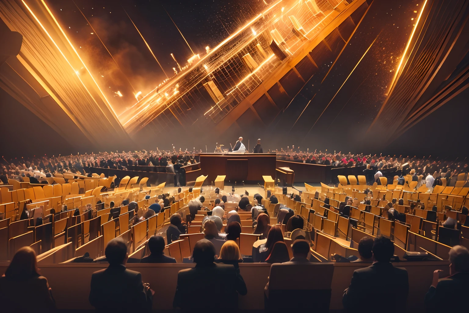Movie shot of a Chaotic musical city build of musical instruments and film, Ultra realistic, 8k, (best quality,4k,8k,highres,masterpiece:1.2),ultra-detailed,[(music),(components)], [(orchestration),(arrangement)], [composition], [film], [film music], [(absolute masterpiece)],vivid colors,bokeh,studio lighting,[(classical music),(symphony orchestra)],[grand stage],[dynamic conductor],[(harmony),(melody)],[beautiful crescendos],[sweeping musical phrases],[(emotional music),(passionate music)];