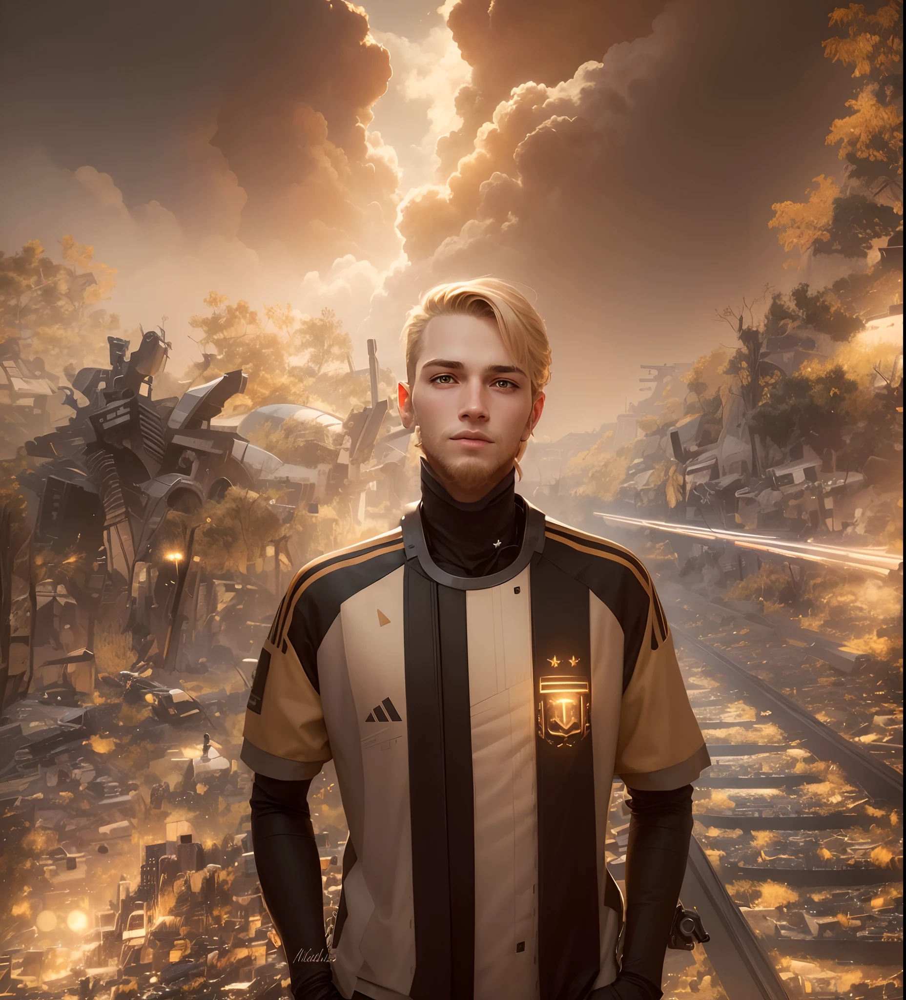 masterpiece, best quality, realistic, ultra detailed, sfw, head shot, a portrait of a young blond man, starsector, sci-fi style clothing, hight-tech gadgets,