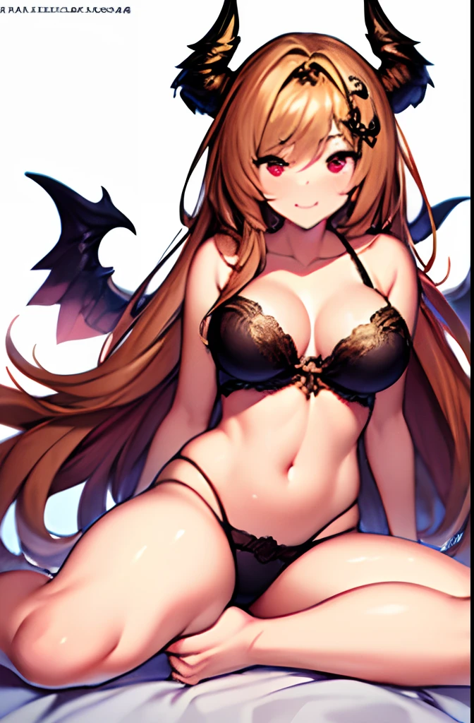 1girl, :d, bad_id, bad_pixiv_id, bare_arms, bare_legs, bare_shoulders, barefoot, bed, blush, bra, breasts, brown_hair, cleavage, collarbone, dark_angel_olivia, day, foreshortening, granblue_fantasy, hair_ornament, horns, indoors, light, long_hair, looking_at_viewer, medium_breasts, navel, on_bed, open_mouth, out_of_frame, panties, pillow, pov, pov_hands, red_eyes, sitting, smile, solo_focus, stomach, strapless, strapless_bra, suzuame_yatsumi, underwear, underwear_only, very_long_hair, white_bra, white_panties