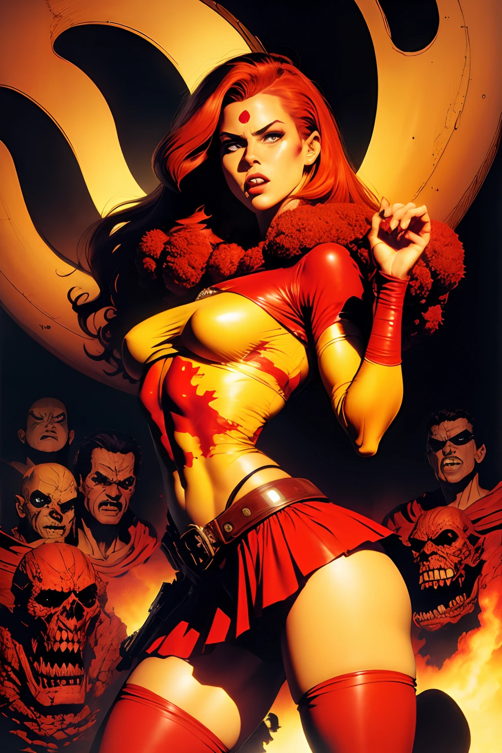 A woman in a red skirt is surrounded by zombies, Barry Windsor Soares, Marcos Silvestri, inspirado em Clyde Caldwell, Directed by: Clyde Caldwell, Frank Frzetta, Estilo Richard Corben, Marcos Schultz, Mike Ploog, john buscema, Jeffrey Jones, frank frazetta manga style, ( Arte Fitzpatrick ), Directed by: Richard Corben, Directed by: Frank Miller