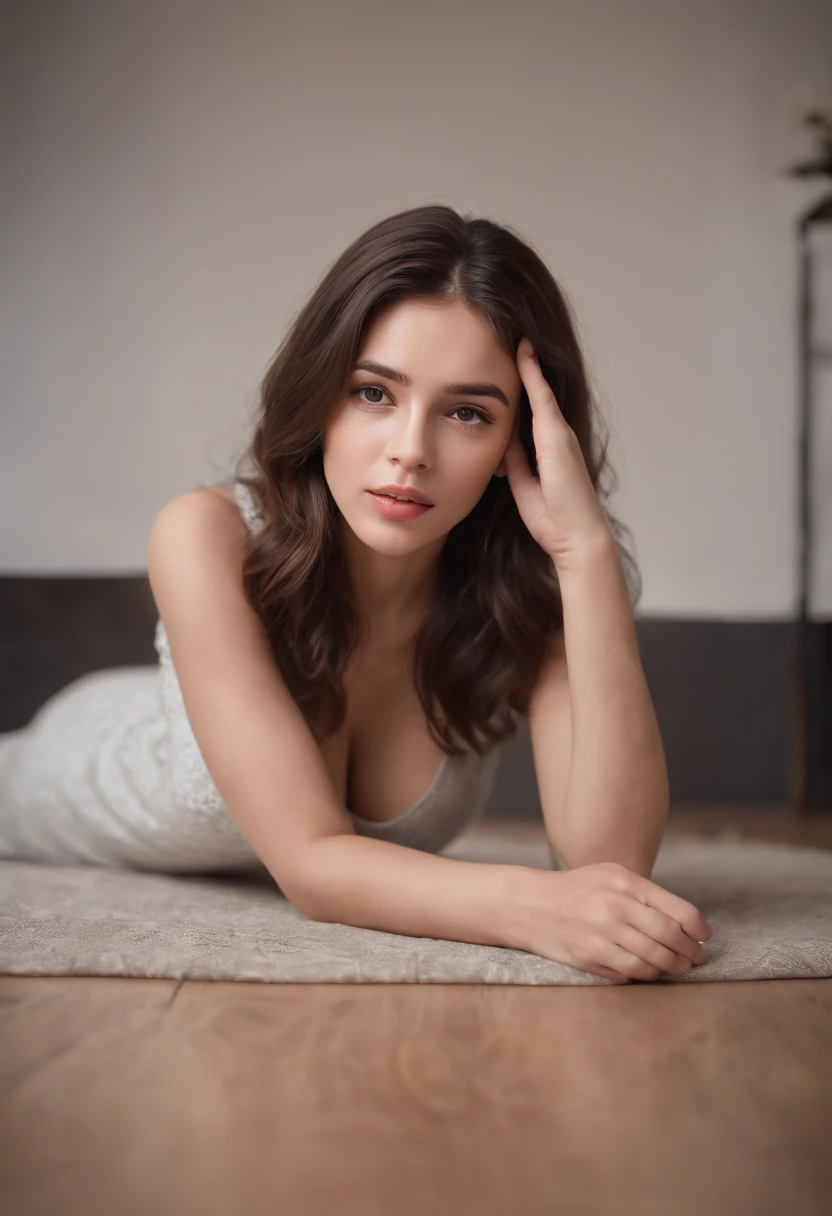 best-Quality, foto realista, 4k, beautiful brunette girl, NSFW, Brown eyes, full length, crying face, sad face, kneeling, hands on the floor, backside facing viewer, twerking, head tilted on the side, light skin,::N