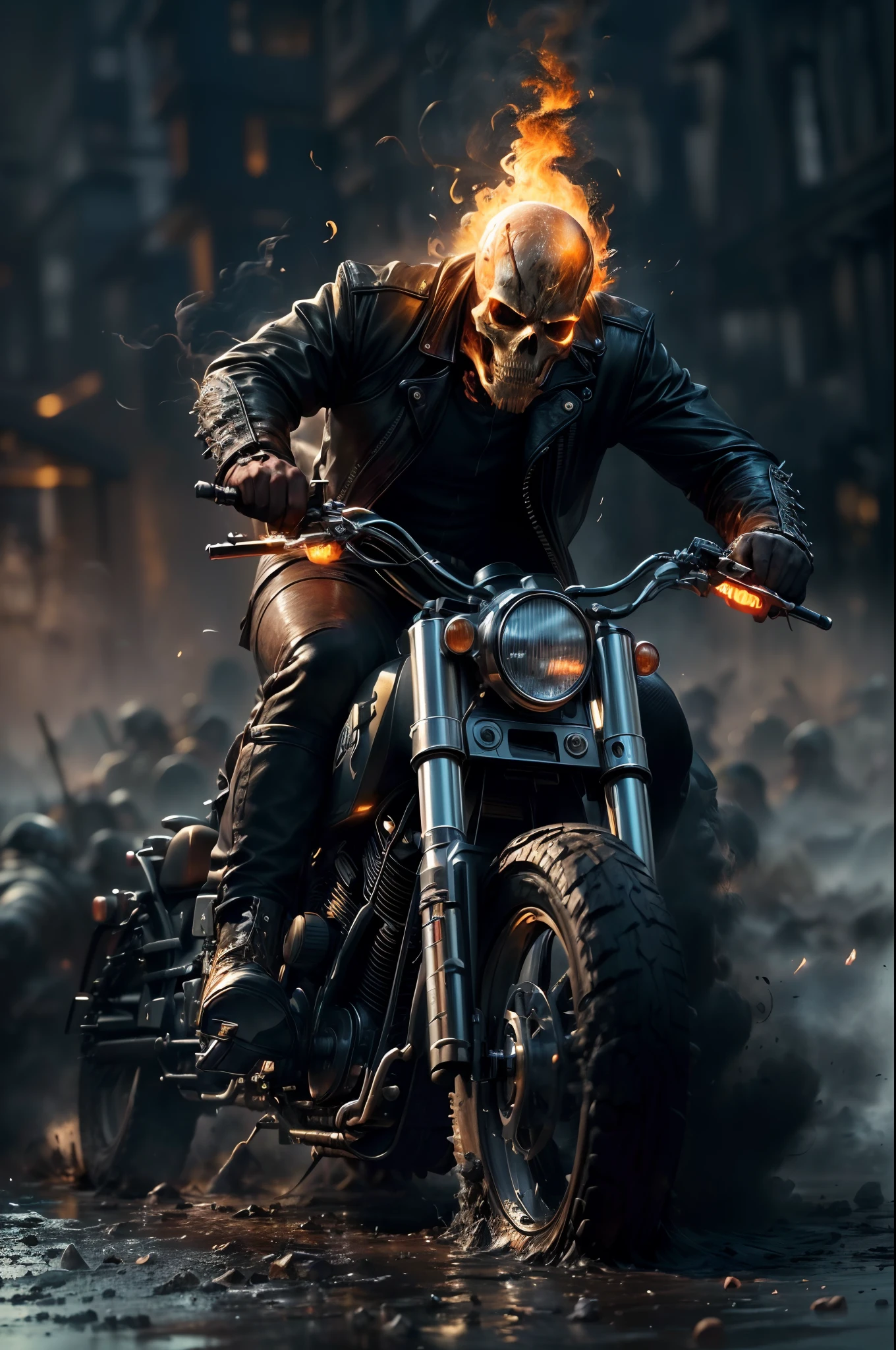 (best quality,4k,8k,highres,masterpiece:1.2),ultra-detailed,(realistic,photorealistic,photo-realistic:1.37),close-up,(ghost rider), (viking style:1.3),emerging from wet black mud,smoke,sparks,metal shavings,flying debris,volumetric light