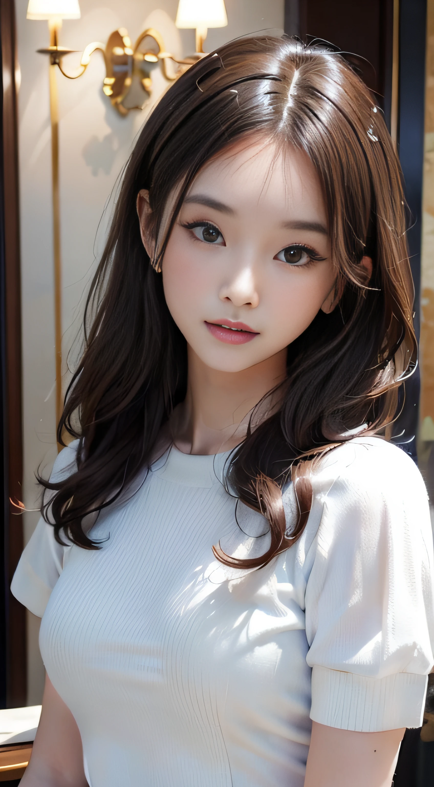 masterpiece、Top image quality:1.2、((beautiful young woman with))、Transparent skin:1.2、{A slight smil}、(kawaii)、Transparent short sleeve knit:1.2、luxury hotel、depth of fields、Sharp Focus:1.5、Fine details