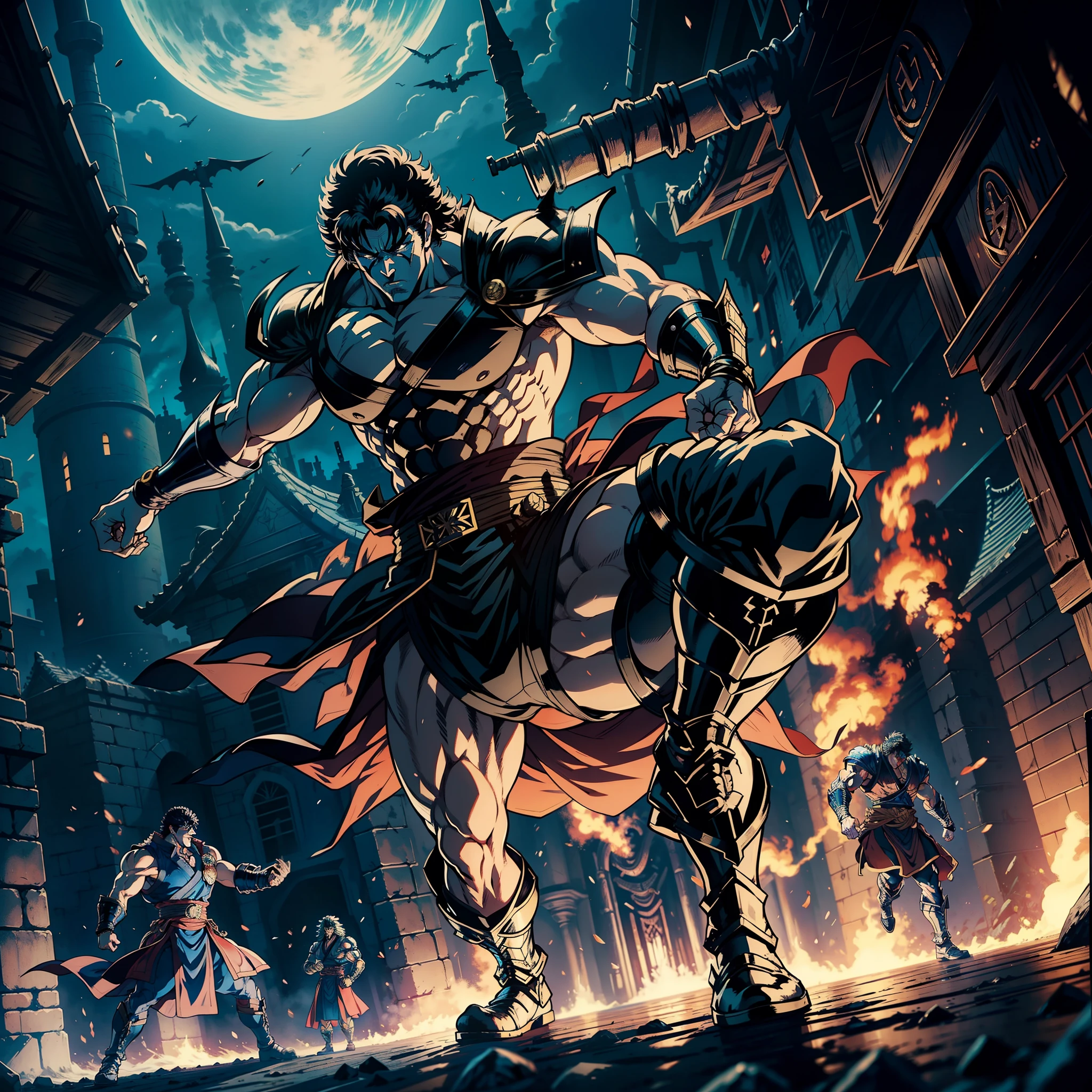 Hokuto no ken kenshiro vs raoh Castlevania Lord of the shadows style army troops hyper realistic super detailed Dynamic shot centerpiece cinematic scene scenes movie Epic Legendary perspective environment of Lord kenshiro muscular handsome warrior