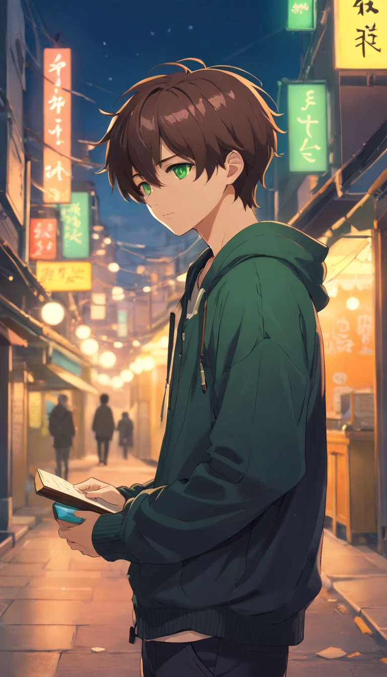 anime 20 year old boy, green eyes, brown hair, short hair, 8k, detail image, tattoos, wearing black outfit, sad, poor, shy, caring a ukulele, background should be in the streets full night.