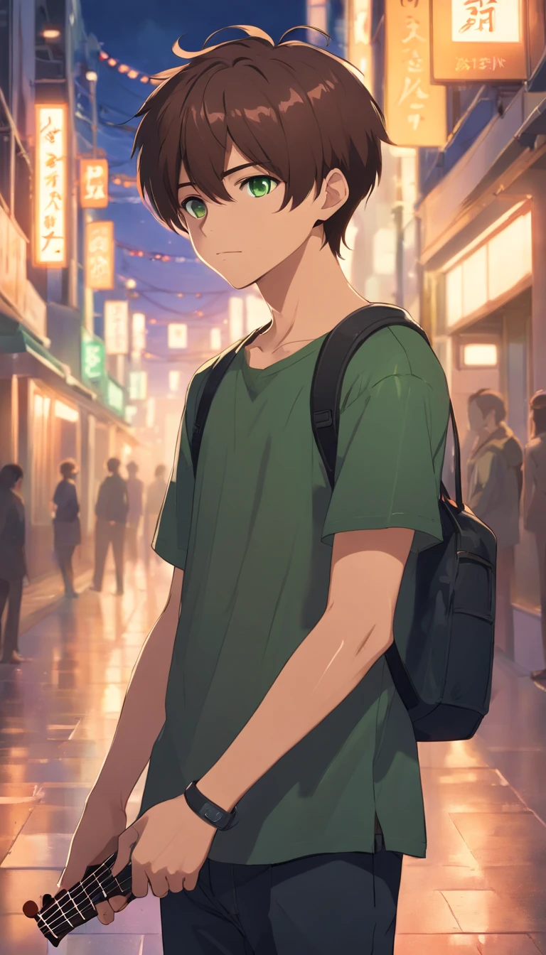 anime 20 year old boy, green eyes, brown hair, short hair, 8k, detail image, tattoos, wearing black outfit, sad, poor, shy, caring a ukulele, background should be in the streets full night.