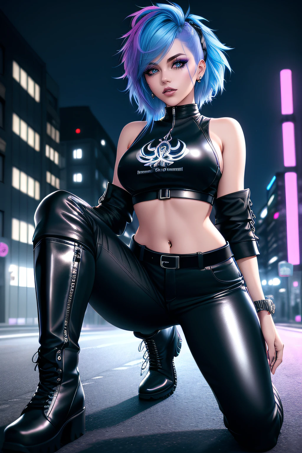 beautiful girl, full body, short bright blue dishevelled hair, black eyeshadow, (street style wear:1.2), ((tight fitted pants)), ((knee high leather boots)), (city night background:1.2), dark makeup, digital art, trending on artstation, highly detailed, fine detail, intricate, beautiful detailed glow, detailed, Cinematic light, high-res, detailed facial features, sharp focus, smooth, aesthetic,