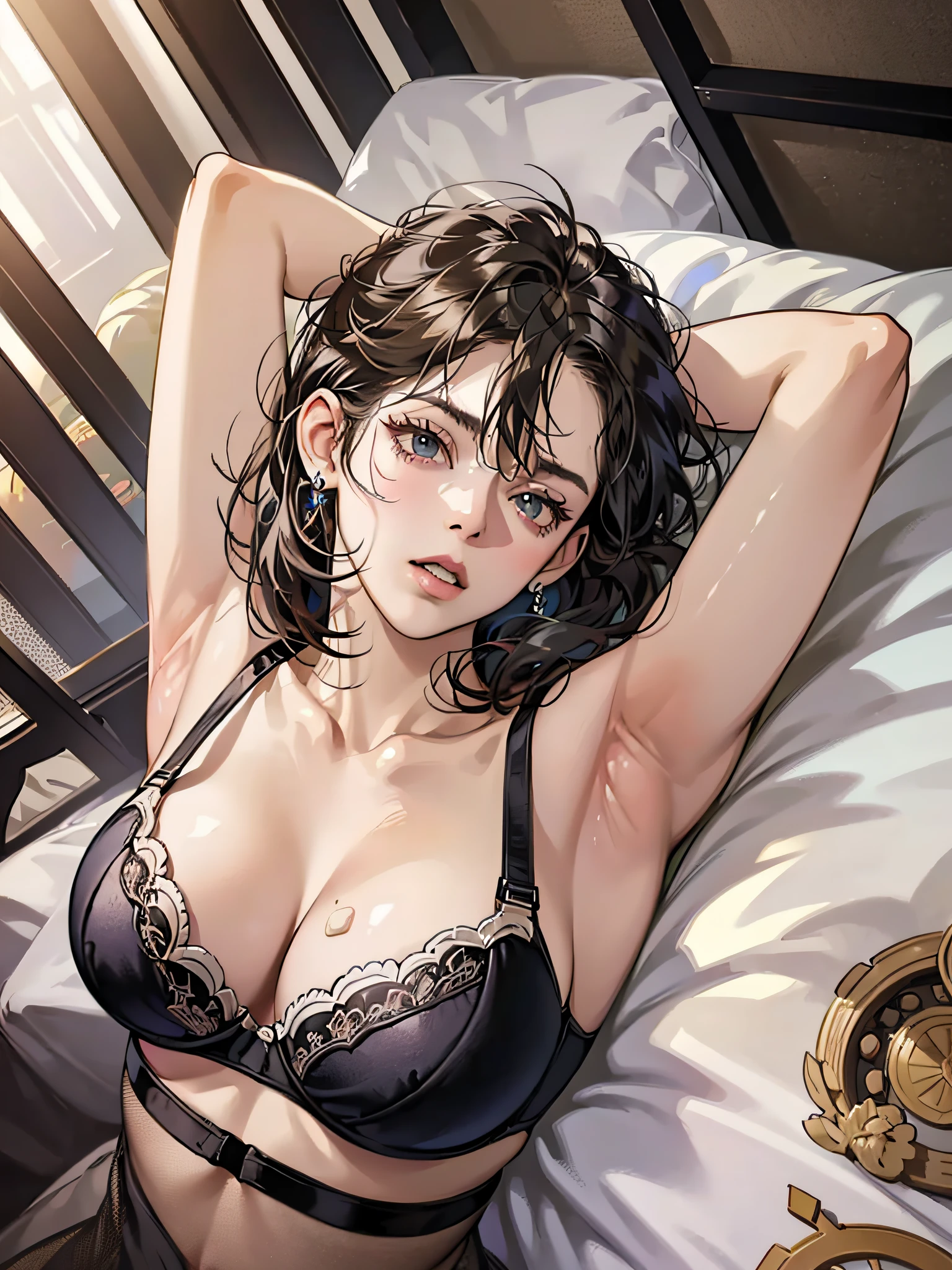 Masterpiece, top quality, high resolution, solo, big breasts, indoors, misaligned bra, thong, (reach: 1.2), lying down, from above, open arms, angry, bed, disheveled underwear, heavy breathing, sexual expression invite