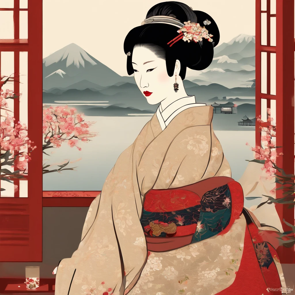 (best quality,4k,8k,highres,masterpiece:1.2),ultra-detailed,(realistic,photorealistic,photo-realistic:1.37),japan woman indoor in red kimono,intense background,traditional japanese room,impeccable makeup,delicate floral patterns,graceful geisha-like pose,elegant traditional accessories,pink cherry blossoms,soft natural lighting,subtle ombre color scheme,japan art style,sublime beauty,refined cultural heritage,ethereal ambiance,serene and tranquil atmosphere,meticulous attention to detail,authentic cultural representation,eye-catching artistic composition,vibrant red kimono,bold and rich color palette,captivating expression,charming smile,exquisite attention to fabric texture,subtle nuances of light and shade,harmonious balance between tradition and modernity,sophisticated yet approachable presence,graceful and feminine posture,traditional hair accessories,stunning grace and elegance,traditional tatami mats,oriental ornaments and furnishings,minimalist Zen aesthetics,authentic Japanese craftsmanship,proud display of cultural identity,evocative and timeless imagery