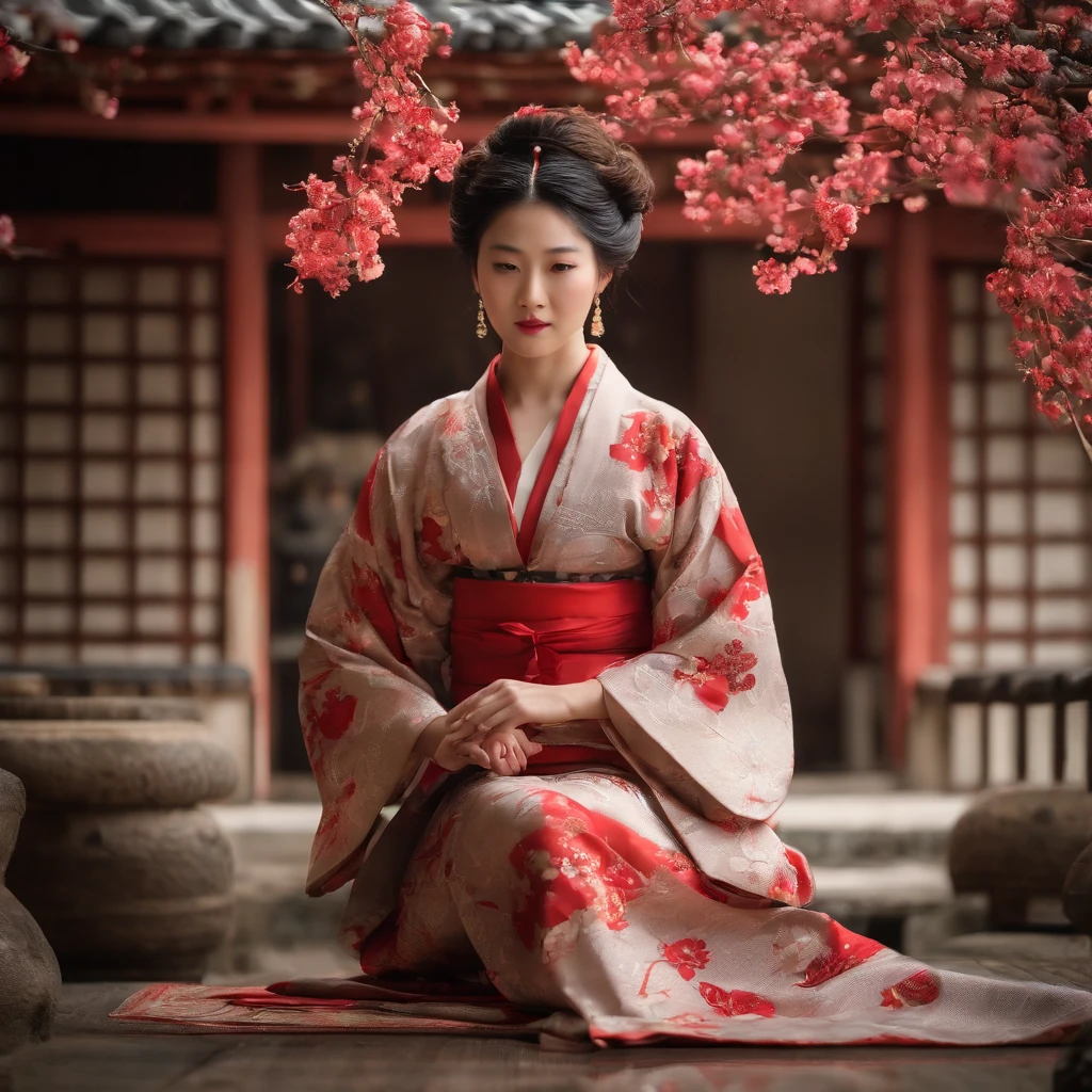 (best quality,4k,8k,highres,masterpiece:1.2),ultra-detailed,(realistic,photorealistic,photo-realistic:1.37),japan woman indoor in red kimono,intense background,traditional japanese room,impeccable makeup,delicate floral patterns,graceful geisha-like pose,elegant traditional accessories,pink cherry blossoms,soft natural lighting,subtle ombre color scheme,japan art style,sublime beauty,refined cultural heritage,ethereal ambiance,serene and tranquil atmosphere,meticulous attention to detail,authentic cultural representation,eye-catching artistic composition,vibrant red kimono,bold and rich color palette,captivating expression,charming smile,exquisite attention to fabric texture,subtle nuances of light and shade,harmonious balance between tradition and modernity,sophisticated yet approachable presence,graceful and feminine posture,traditional hair accessories,stunning grace and elegance,traditional tatami mats,oriental ornaments and furnishings,minimalist Zen aesthetics,authentic Japanese craftsmanship,proud display of cultural identity,evocative and timeless imagery