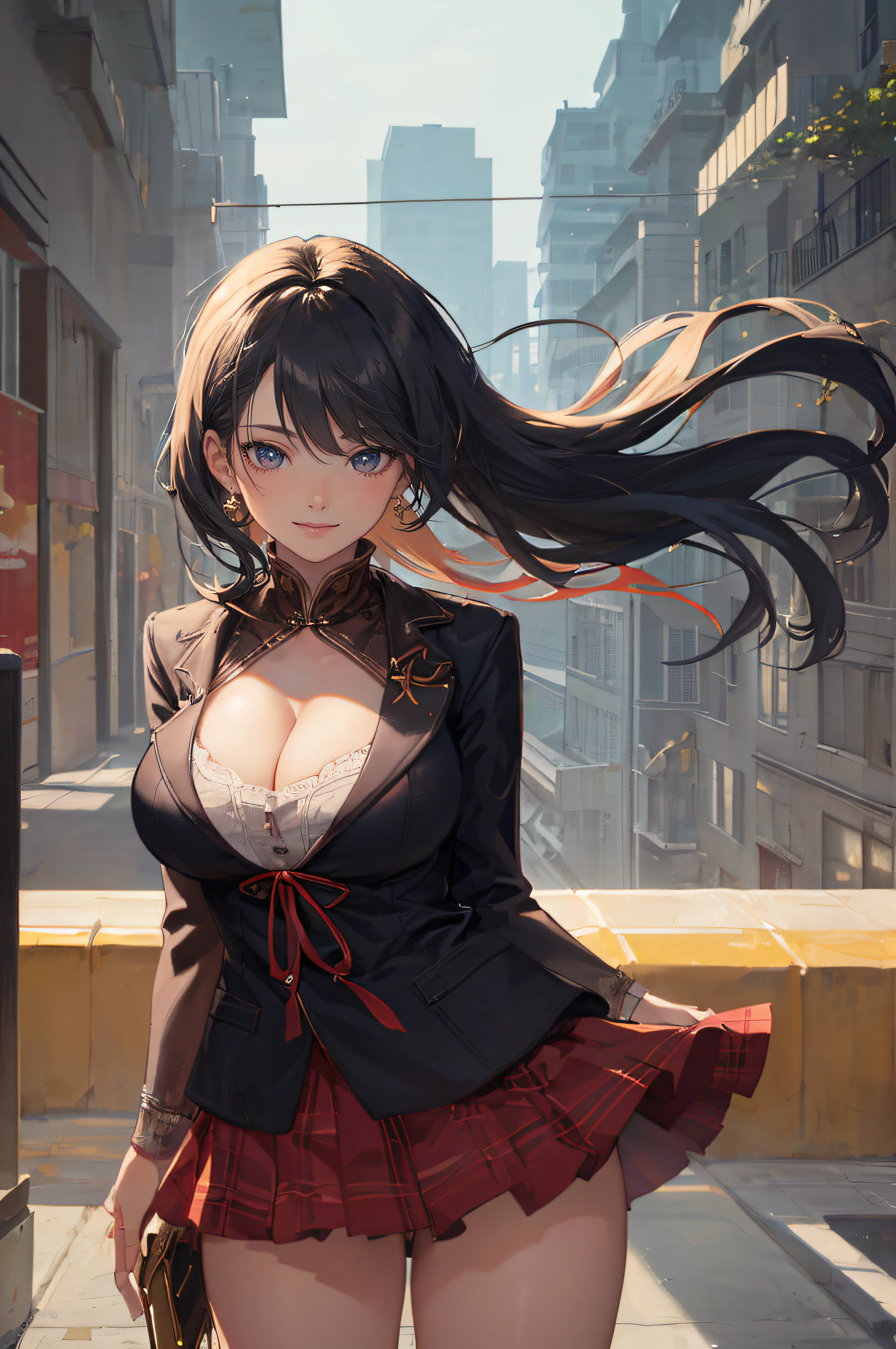 ((A beautiful and cute woman is standing on the terrace)), ((22-year-old beauty)), ((charming smile)), ((her long hair is blowing in the wind)), ((her miniskirt is It's waving in the wind)), (( You can see the cleavage of her plump bust from the blouse)), ((Gradient eyes)), ((The background is a night view of the city)), Attractive makeup, Single view, NFFSW , UHD, Retina, Masterpiece, Accurate, Anatomical, Scientifically Correct, Textured Skin, Super Detail, High Detail, High Quality, Award Winning, Top Quality, High Resolution, 1080P, HD, 4K, 8k, 16k