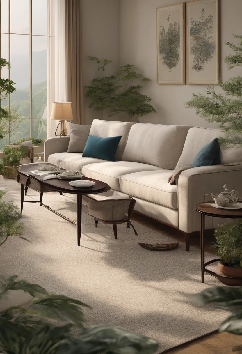 Basic view of sofa with furniture design(Three View),Landscape fish and insects as the theme,Traditional Chinese ink style,8k,k hd