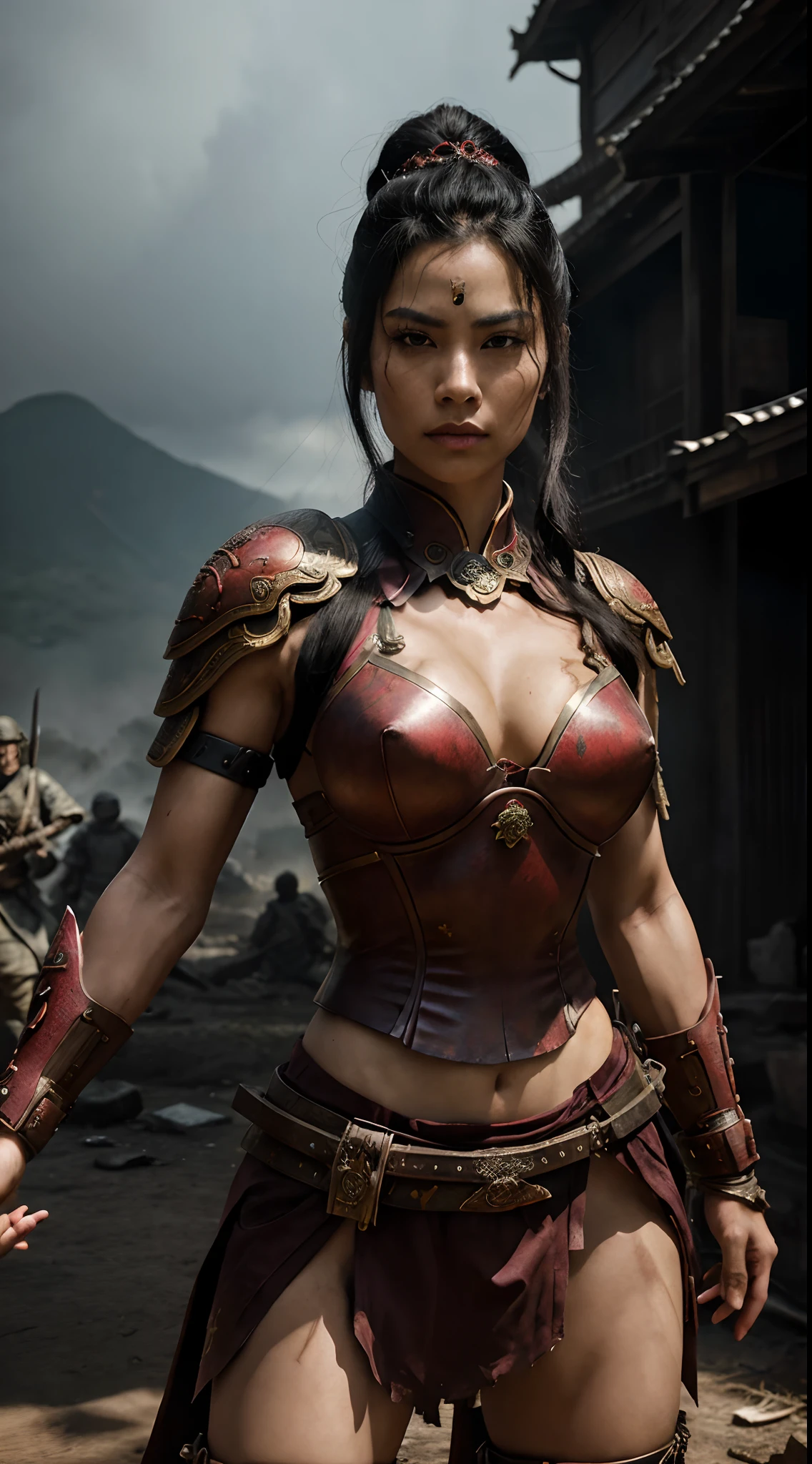 /imagine prompt:
color photo of: "A formidable women warrior from Japan, adorned in striking red armor, captured in awe-inspiring 16K resolution with super quality and highly detailed precision. She stands against a war-torn backdrop, illuminated by cinematic lighting. Her sleek black hair cascades down, and she wields a deadly katana sword."
The color photo captures the essence of a fierce women warrior from Japan, radiating strength and honor. With astonishing detail and precision in mesmerizing 16K resolution and super quality, every aspect of her appearance is flawlessly depicted, immersing viewers in her powerful presence.
Her red armor, intricately crafted and vibrant, symbolizes her courage and martial skill. The highly detailed engravings and accents on the armor reflect the rich traditions and artistry of Japan, showcasing the craftsmanship and dedication of its warriors.
The war-torn backdrop adds a sense of urgency and intensity to the scene. Amidst the chaos, the cinematic lighting casts dramatic shadows, heightening the atmosphere and emphasizing the warrior's unwavering determination.
Her sleek black hair adds to her commanding presence, flowing like a river of midnight. The cinematic lighting plays with highlights and shadows, creating a captivating contrast against the war-ravaged background.
In her hand, she holds a deadly katana sword, a symbol of her mastery in the art of the samurai. The intricate details of the weapon, from the ornate hilt to the sharp blade, are rendered with meticulous accuracy, showcasing the craftsmanship that went into its creation.
With its 16K resolution and super quality, the photo brings the women warrior to life, capturing her indomitable spirit and unwavering resolve. Every intricate detail, from the intensity in her eyes to the battle scars on her armor, is depicted with remarkable clarity. The cinematic lighting adds depth and drama, immersing viewers in the heart of the war-torn battlefield.(war background)