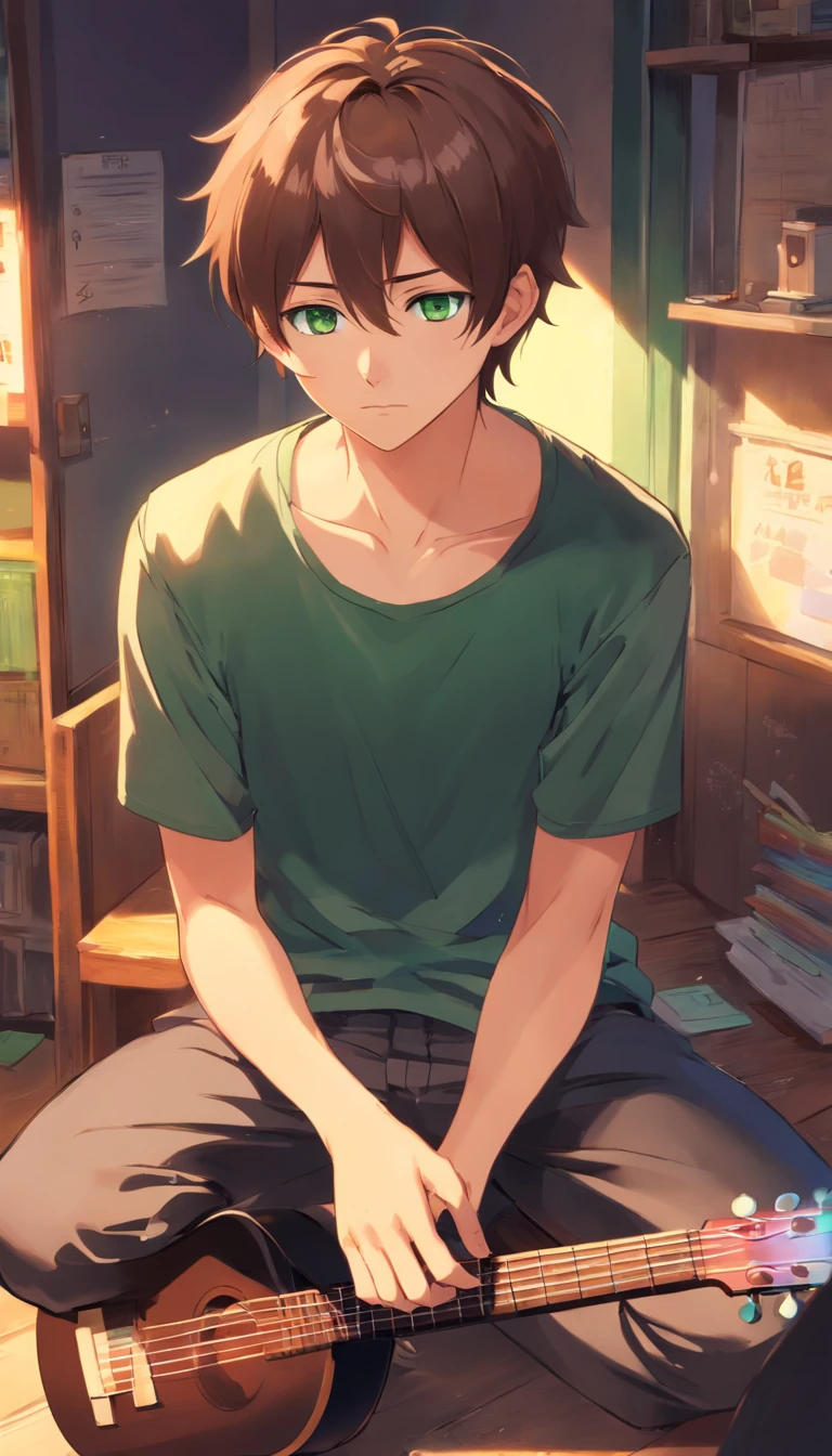 anime 20 year old boy, green eyes, brown hair, short hair, 8k, detail image, tattoos on his body, wearing black outfit, sad, poor, shy, caring a ukulele.