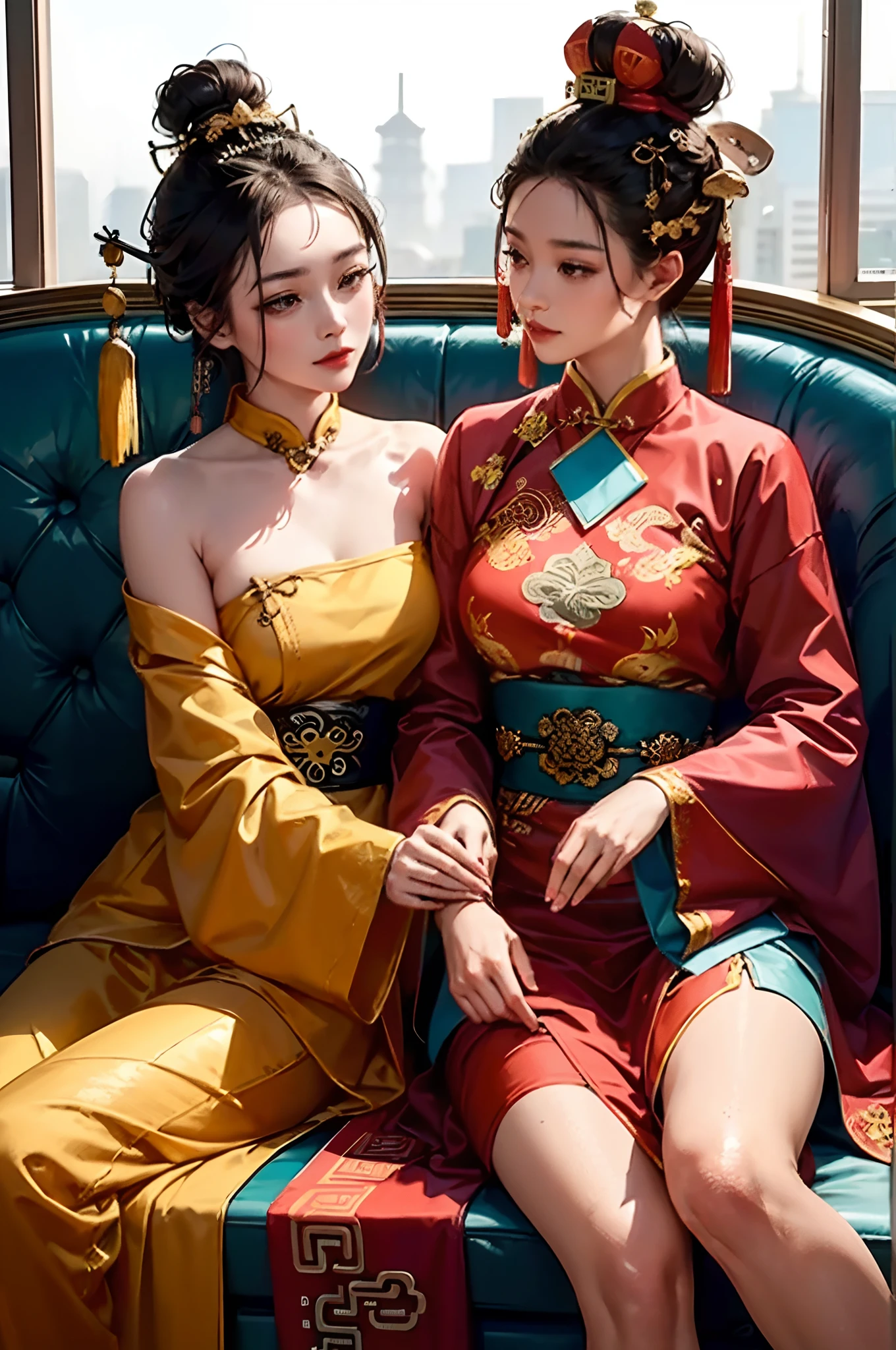 a couple of lesbians sitting together,leering:1.4,Taoist,single hair bun,(An ancient Chinese hairstick on her head:1.5),Use mahogany hairpins,(Revealing a translucent cheongsam),(Urzang-6500-V1.3,PureFace_V1,Octane rendering),Elegant Pose,xxmix girl woman,Perfect composition golden ratio, Masterpiece, Best quality, 4K, Sharp focus. better hands, Perfect anatomy.