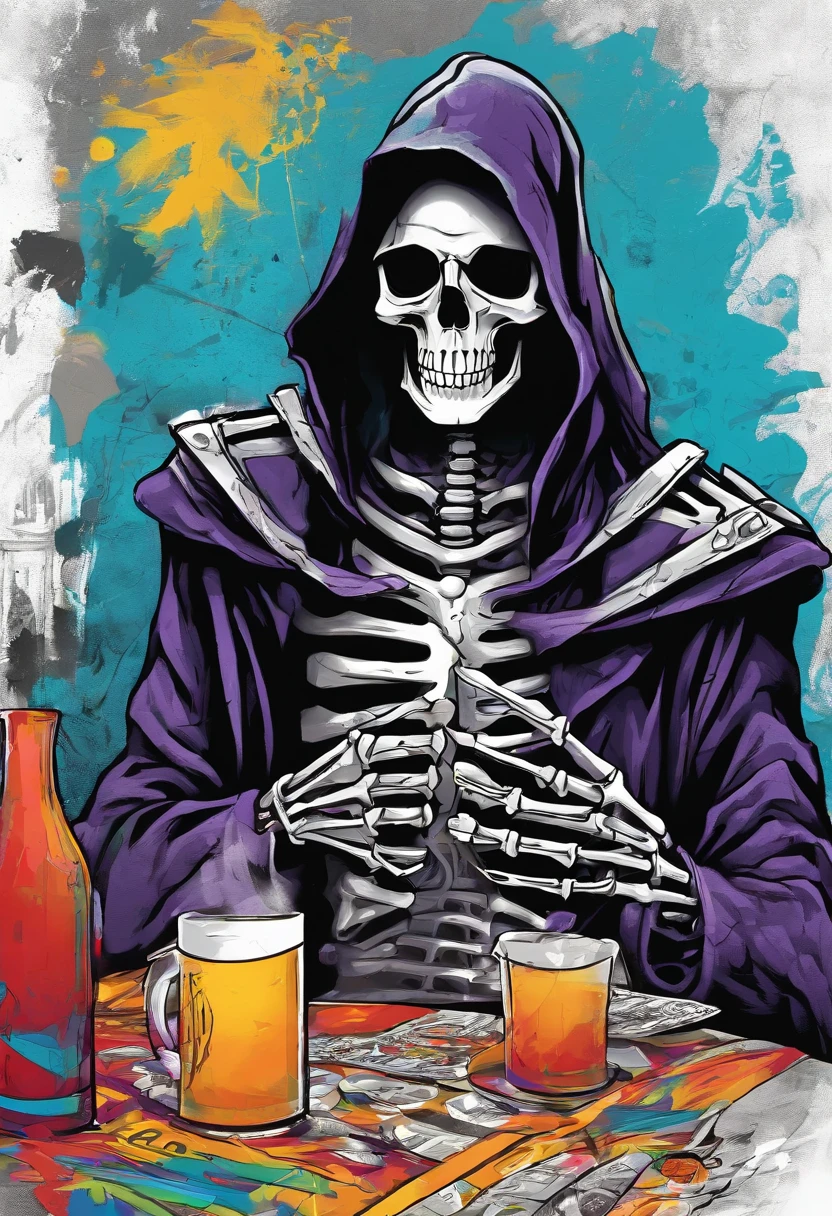 (Grim_Reaper in), (Skeleton_Monster), sits at a table, view the viewer, playing chess, Thinking, Confident demeanor, Masterpiece, Top quality, Best quality, High quality, Ultra-detailed, fire in the background, Vibrant colors, Solo, Extremely detailed