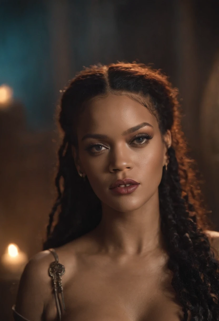 Rihanna, big boobs, naked, full body, sensual look, Kerrigan, dreadlocks, Bones and skull, Cyberpunk, steampunc, Splash punk, The female devil in the background author Rowena Merrill Stika Boris Vallejo Caravaggio Philippe Druilet Andrei Ryabovichchev Whelan