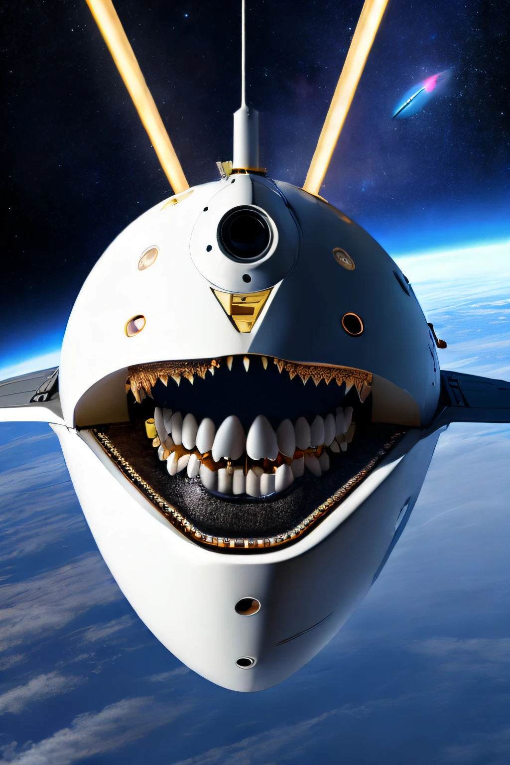 a spacecraft shaped of teeth, a little bit fuzzy, orbital, crossed a bridge