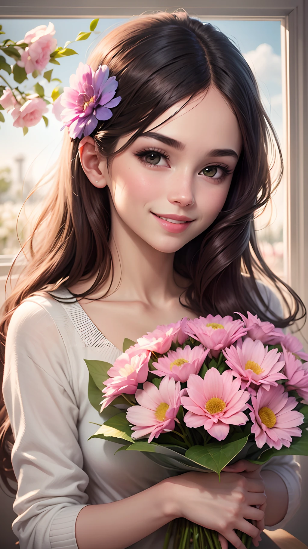 Illustration of a realistic girl smelling a bouquet of pink flowers and smiling, de olhos abertos. --auto --s2