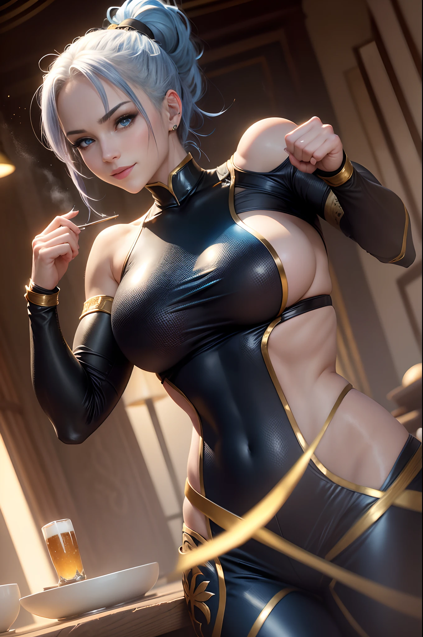 8K, Tarot Cards, (Female martial artist), Super beauty (Like the real thing) Blue ponytail a matural female Blue eyes Sexy martial arts suit Black and gold trousers Black leg armor Round table for food and beer Lots of dishes enticing 超A high resolution real looking skin A smile A sexy large full breasts