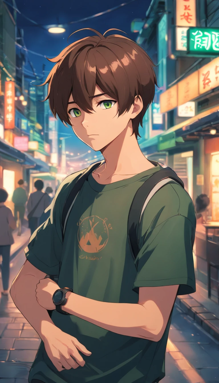 anime 20 year old boy, dark green eyes, brown hair, short hair, 8k, detail image, tattoos, black outfit, sad, poor, shy, caring a ukulele, background should be in the streets full night.