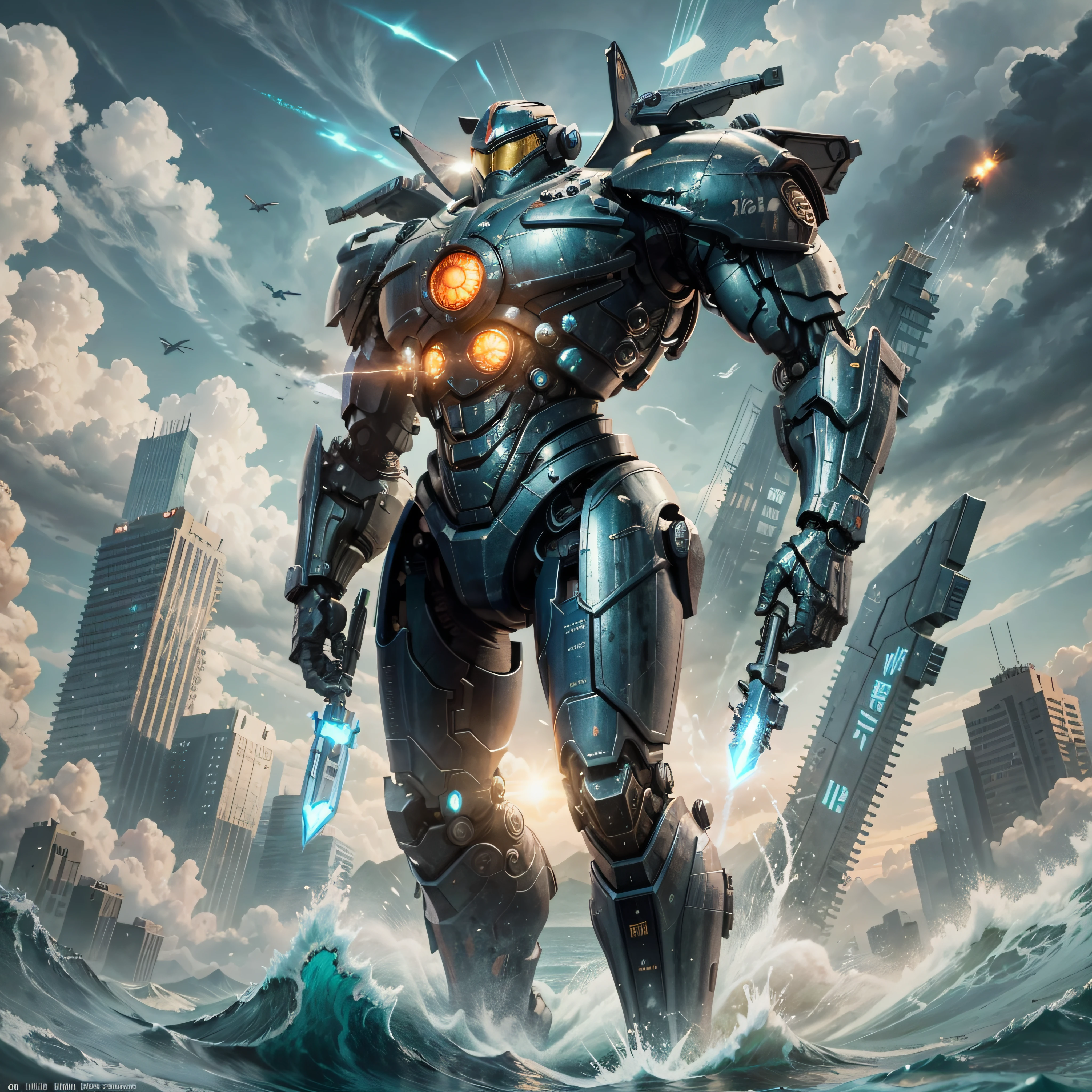 Fine detail, 4K wallpaper, arms outstretched, body and arms sharply defined, full body,masterpiece, best quality,mecha,Gipsy Danger,realistic,blue_theme, fantasy, no_humans, scenery, Pacific Rim Jaeger, from Pacific Rim, Pacific Rim, Movie 4K wallpaper, 4K wallpaper, HD wallpaper, Movie Pacific Rim, Movie Still 8K, HDR, Best Picture Quality, the main body is the seventh generation Jaeger, two burning turbonuclear reactors located in the center of the chest, the right arm equipped with a long straight chain sword, and the left arm equipped with a plasmacaster, brilliant infinite Pacific Ocean, fully suitable for 8K wallpaper, HDR，8K，画质最佳，8K桌面壁纸，环太平洋,真实惊人。J43g3r第七代，核心为两个燃烧的涡轮核反应堆，位于胸部中间，右臂装长直链剑，左臂装等离子炮。壮阔的无垠太平洋和纯净的天空会形成画面的背景。