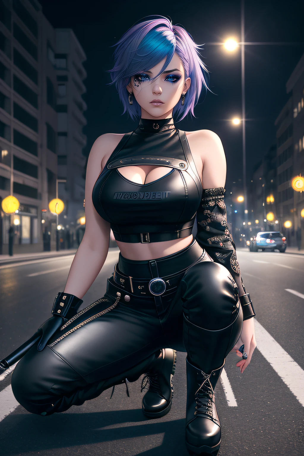 beautiful girl, full body, short bright blue dishevelled hair, black eyeshadow, (street style wear:1.2), ((tight fitted denim jeans)), ((knee high leather boots)), (deep cleavage), (extremely dark night-time city background:1.2), dark makeup, digital art, trending on artstation, highly detailed, fine detail, intricate, beautiful detailed glow, detailed, Cinematic light, high-res, detailed facial features, sharp focus, smooth, aesthetic,
