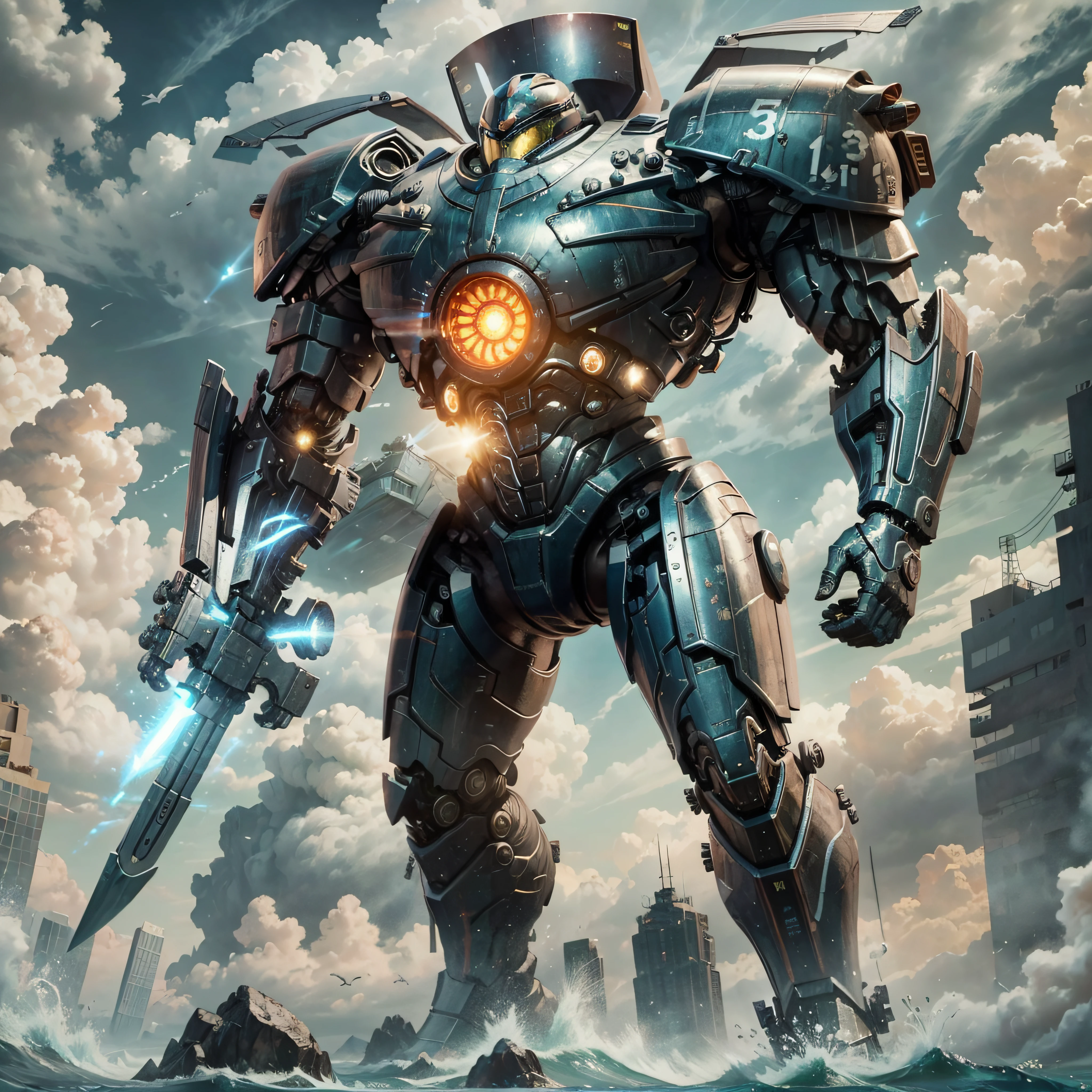 Fine detail, 4K wallpaper, arms outstretched, body and arms sharply defined, full body,masterpiece, best quality,mecha,Gipsy Danger,realistic,blue_theme, fantasy, no_humans, scenery, Pacific Rim Jaeger, from Pacific Rim, Pacific Rim, Movie 4K wallpaper, 4K wallpaper, HD wallpaper, Movie Pacific Rim, Movie Still 8K, HDR, Best Picture Quality, the main body is the seventh generation Jaeger, two burning turbonuclear reactors located in the center of the chest, the right arm equipped with a long straight chain sword, and the left arm equipped with a plasmacaster, brilliant infinite Pacific Ocean, fully suitable for 8K wallpaper, HDR，8K，画质最佳，8K桌面壁纸，环太平洋,真实惊人。J43g3r第七代，核心为两个燃烧的涡轮核反应堆，位于胸部中间，右臂装长直链剑，左臂装等离子炮。壮阔的无垠太平洋和纯净的天空会形成画面的背景。