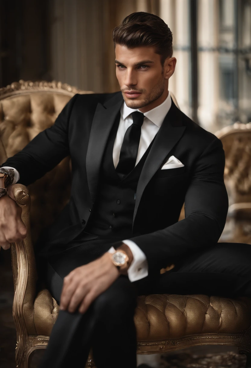 Le visage sosie de Michele Morrone,
Un jeune homme,beau,well muscled,corps poilu,chaussette blanche,Collants ultra-fins(detailled eyes:1.3),yeux bleus,renflement massif,Black hairs protruding from the bulge, ,Personnage assis sur une chaise, arms raised, cheveux noirs (short and elegant hair,American gradient with line on the side), nice pose, bel homme, joli visage, royal elegant pose, merchant, (in a striped blazer), (The surrounding environment is a luxurious and classic living room) (Imagerie Sandtone) ultra realist, Prince of royalty in search, Aesthetics of old change, Aspect italien, Sosie de Joel Kinnaman, Costume chic, Rolex, Classic car in the background, Recherche de redevances, portant le costume Ralph Lauren, Sosie du visage de Raoul Bova, Luxury Italian country house in the background
