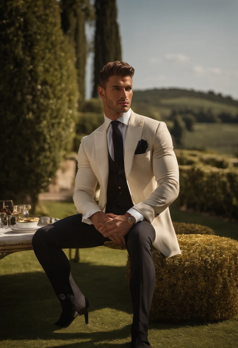 Le visage sosie de Michele Morrone,
Un jeune homme,beau,well muscled,corps poilu,chaussette blanche,Collants ultra-fins(detailled eyes:1.3),yeux bleus,renflement massif,Black hairs protruding from the bulge, ,Personnage assis sur une chaise, arms raised, cheveux noirs (short and elegant hair,American gradient with line on the side), nice pose, bel homme, joli visage, royal elegant pose, merchant, (in a striped blazer), (The surrounding environment is a luxurious and classic living room) (Imagerie Sandtone) ultra realist, Prince of royalty in search, Aesthetics of old change, Aspect italien, Sosie de Joel Kinnaman, Costume chic, Rolex, Classic car in the background, Recherche de redevances, portant le costume Ralph Lauren, Sosie du visage de Raoul Bova, Luxury Italian country house in the background