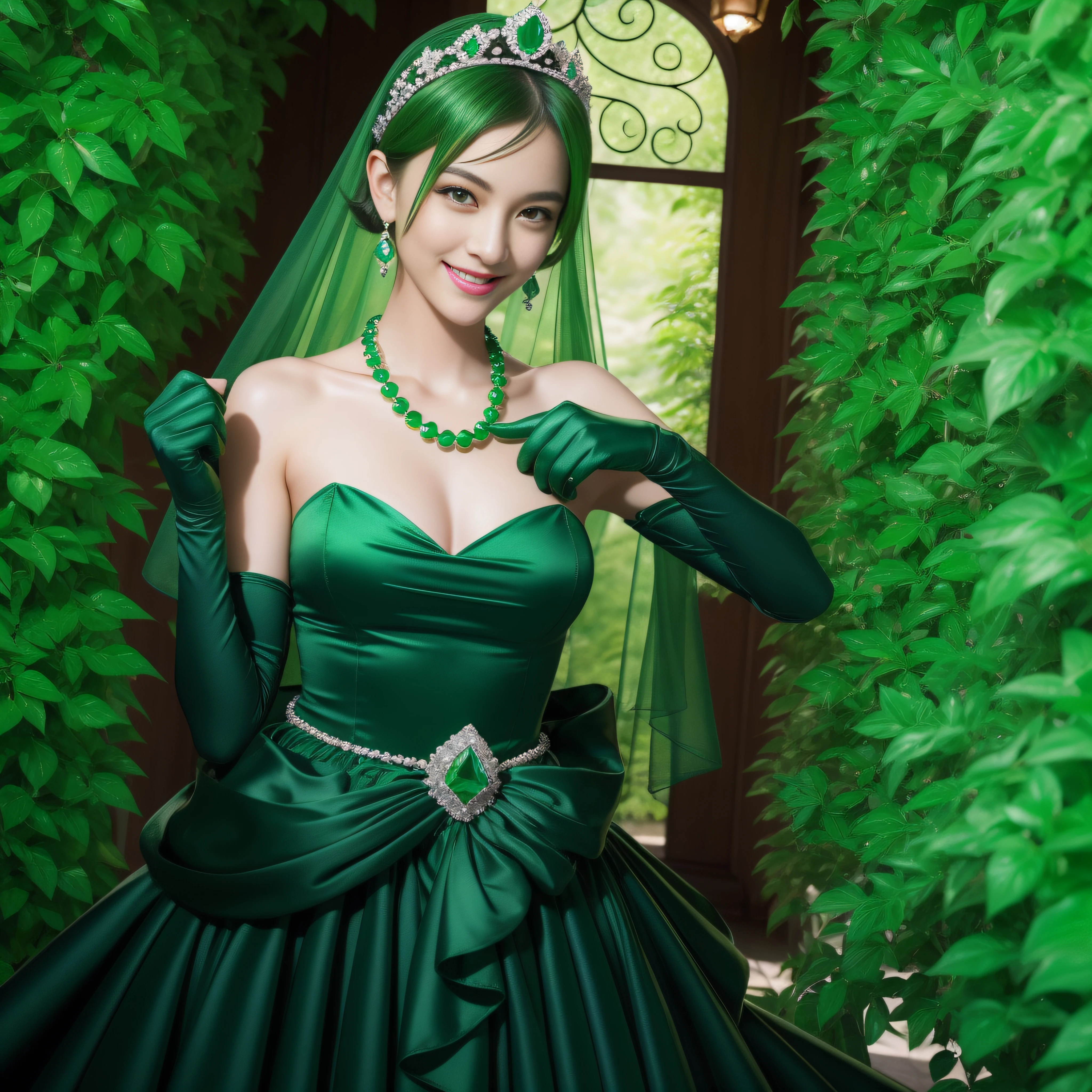emerald tiara, Green Pearl Necklace, Boyish very short green hair, lipsticks, Japan woman smiling, very short short hair, fist, big breasts beautiful, Green eyes, Long green gloves made of satin material, Green eyes, Emerald Earrings