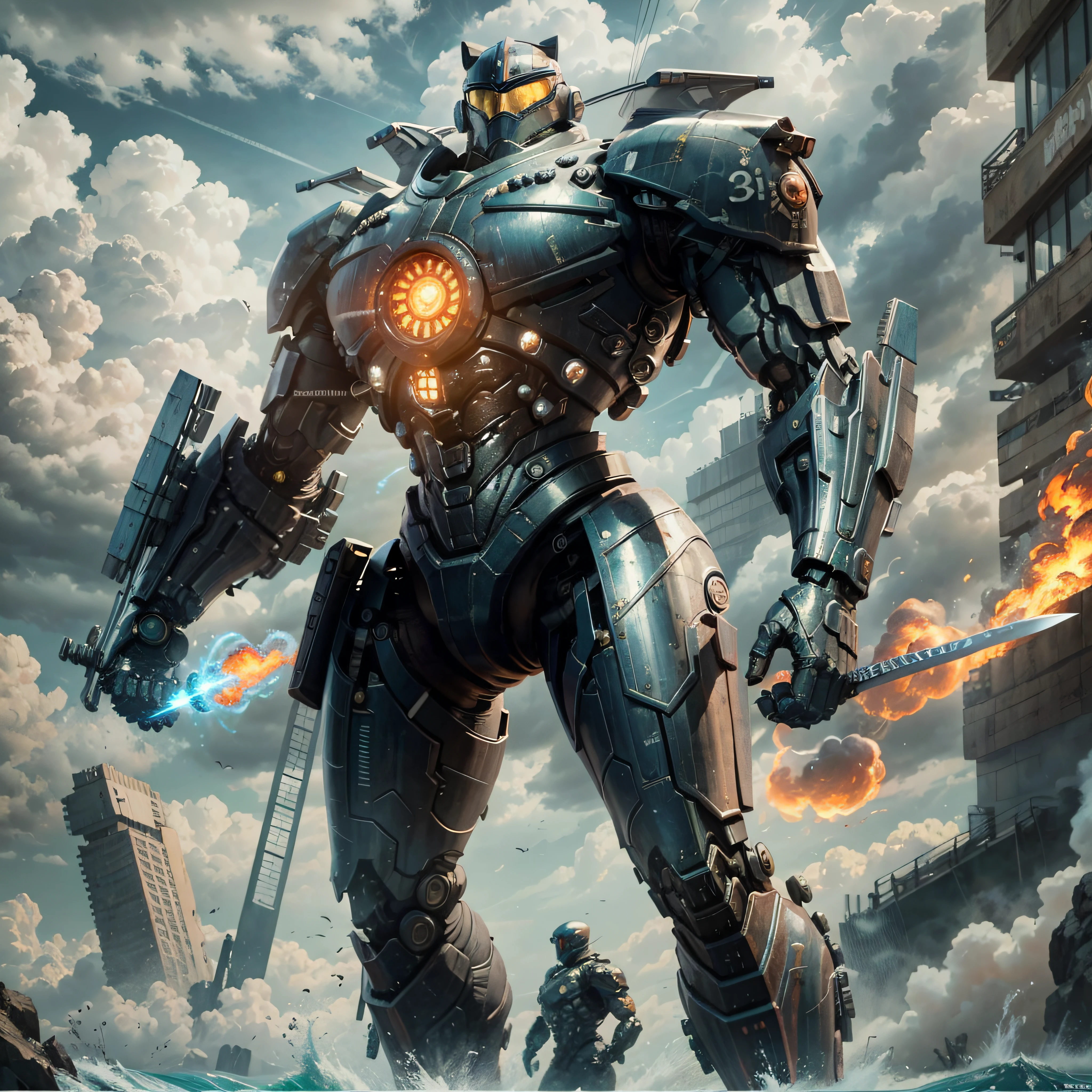 Fine detail, 4K wallpaper, arms outstretched, body and arms sharply defined, full body,masterpiece, best quality,mecha,Gipsy Danger,realistic,blue_theme, fantasy, no_humans, scenery, Pacific Rim Jaeger, from Pacific Rim, Pacific Rim, Movie 4K wallpaper, 4K wallpaper, HD wallpaper, Movie Pacific Rim, Movie Still 8K, HDR, Best Picture Quality, the main body is the seventh generation Jaeger, two burning turbonuclear reactors located in the center of the chest, the right arm equipped with a long straight chain sword, and the left arm equipped with a plasmacaster, brilliant infinite Pacific Ocean, fully suitable for 8K wallpaper, HDR，8K，画质最佳，8K桌面壁纸，环太平洋,真实惊人。J43g3r第七代，核心为两个燃烧的涡轮核反应堆，位于胸部中间，右臂装长直链剑，左臂装等离子炮。壮阔的无垠太平洋和纯净的天空会形成画面的背景。