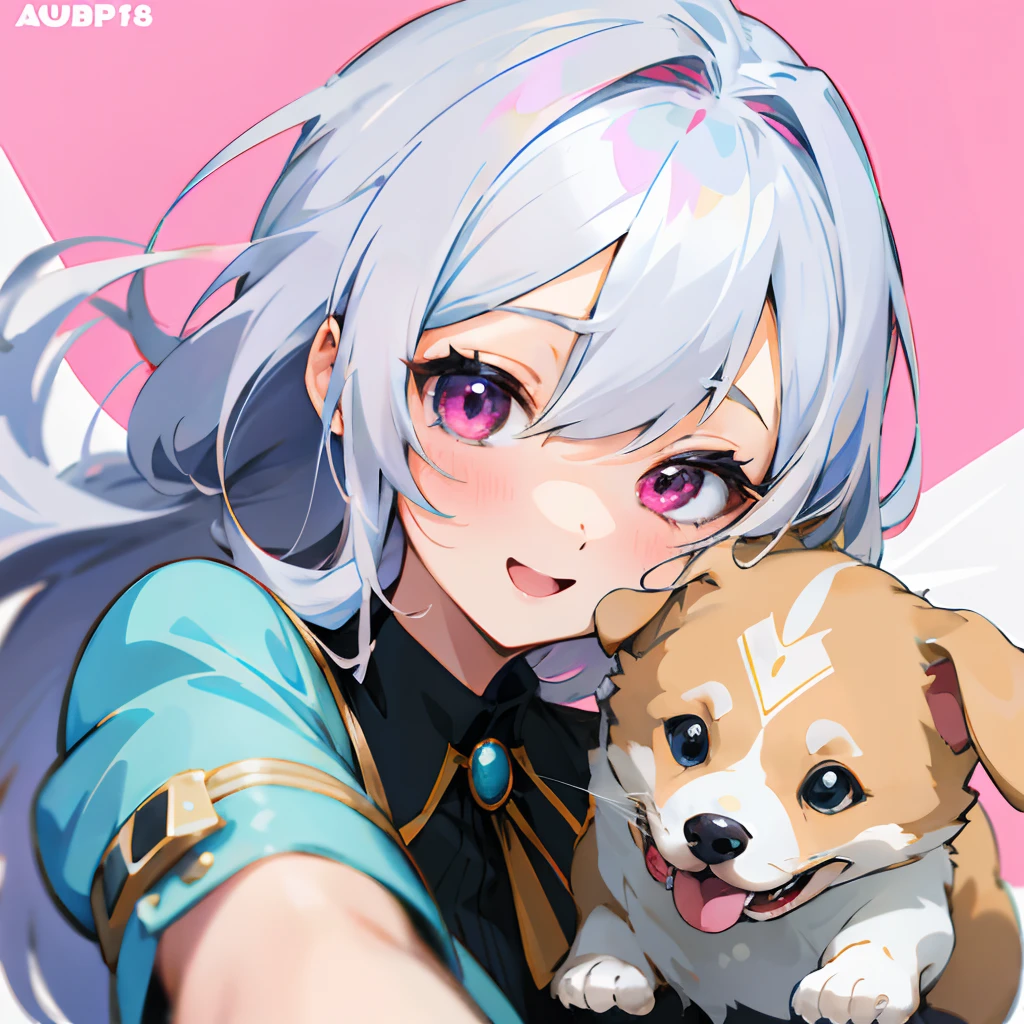 Anime girl with silver hair and pink eye edging, official artwork, , Lori, anime style portrait, anime moe art style, 2 d anime style, Cute art style, Stylized anime, Anime Art Style, Anime style. 8K, anime style 4 k, Anime Art Style, digital anime art!!、White puppy、fluffly、Baby Golden Retriever、blanche、Vigorous、A charming smile、Office Lady Style Clothes、Wearing a suit、Deformed puppy、raise the front paws、