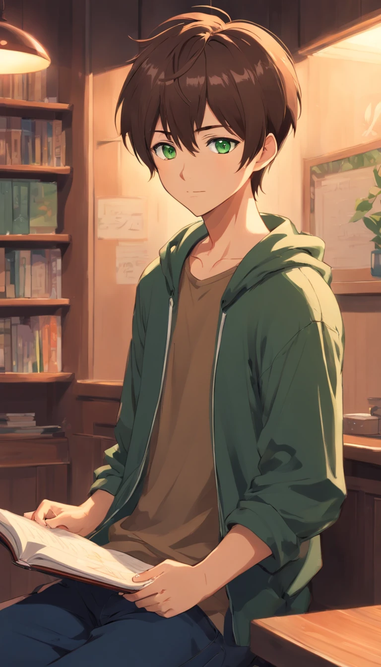 (best quality,8k,ultra-detailed),anime,20 year old boy,dark green eyes,brown hair,short hair,tattoos,[ukulele],black outfit,sad,poor,shy,caring