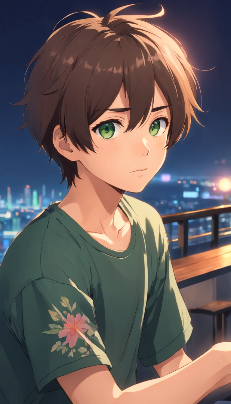 (best quality,8k,ultra-detailed),anime,20 year old boy,dark green eyes,brown hair,short hair,tattoos,[ukulele],black outfit,sad,poor,shy,caring