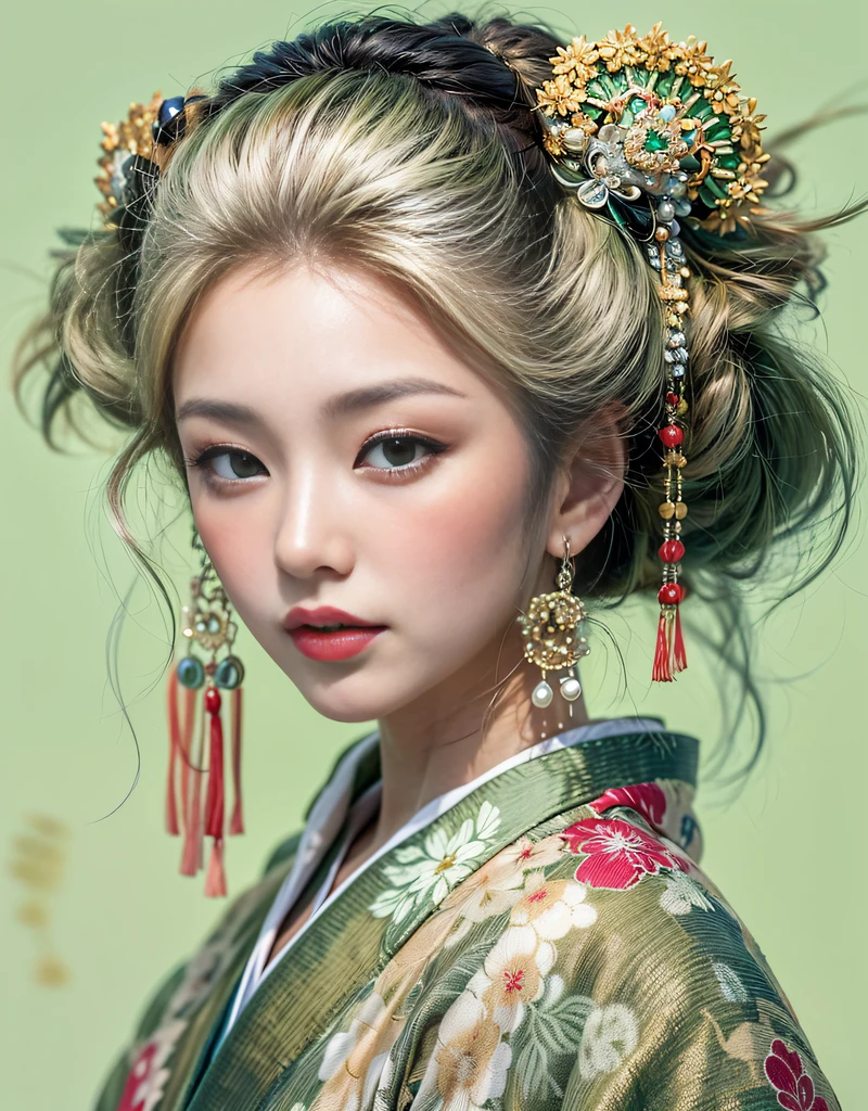 (beautiful model as courtesan in Japanese epic drama:1.3, Date Hyogo hairstyle:1.6, Oiran-style:1.4), (solo), ((face is 80% beauty and elegance, 20% pretty and cute):1.5), (Her roots are in Eastern Europe and Asia), clear eyes, (detailed eyes, light green eyes, bright pupils), Double Eyelids, (sexy lips with a little thickness:1.2), super detailed and incredibly high resolution Oiran-style Kimono, Highly Detailed Face Texture, striking body shape, curvy and very attractive woman, The colors of Oiran-style kimonos are very colorful, original, and gorgeous, high-resolution RAW color photo pro photo, BREAK (Wearing a colorful Oiran-style kimono with plenty of bright matcha green color), (The main color is gentle white, the bright matcha green stands out), (elaborately made classical Japanese colorful Oiran-style kimono), ((The pattern is a marble pattern of bright matcha green, dark matcha green, and white mixed together, like matcha ole)), (black Oiran-style obi that matches this Oiran-style kimono), ((bright matcha green and dark matcha Green and white marble pattern Oiran-style kimono)), (background is a Japanese parlor | Otyashitu) BREAK ((best quality, 8k)), sharp focus: 1.2, (layer cut, big: 1.2), (perfect portrait: 1.4 ), (Beautiful shape and big breasts: 1.3), Thin waist, (Correct hand shape: 1.5), (Full body shot | Cowboy shot | Back view)