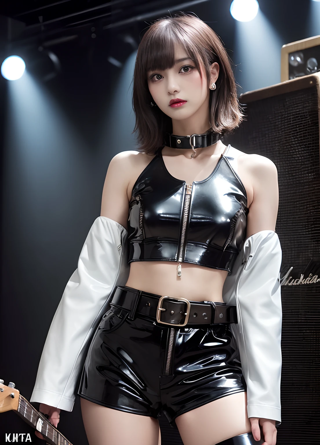 (Forehead, Cropped jacket, Abs, Midriff, scowling, Short hair, Black hair, eye line:1.3), (masutepiece, Best Quality, beautiful quality), (Photorealistic:1.4), (Detailed Lighting, highlydetailed skin, very detail hair, shadowy, 8K, Tea Cho Photos, 1girll:1.2), view the viewer, (high key lighting), masutepiece, of the highest quality, Best Quality, offcial art, Wallpapers by Unity 8K, hight resolution, 超A high resolution, Ultra-detailed, Beautiful and aesthetic,Pained look,darkened room、Navel Ejection、Emphasis on bust、Leather skirt、Beautiful legs、Full-body image、cute face