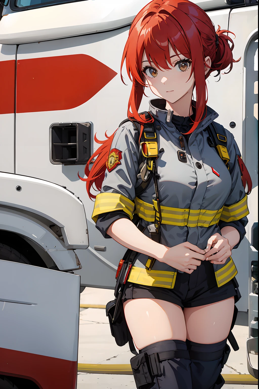 Firefighter girl with red shotr hair