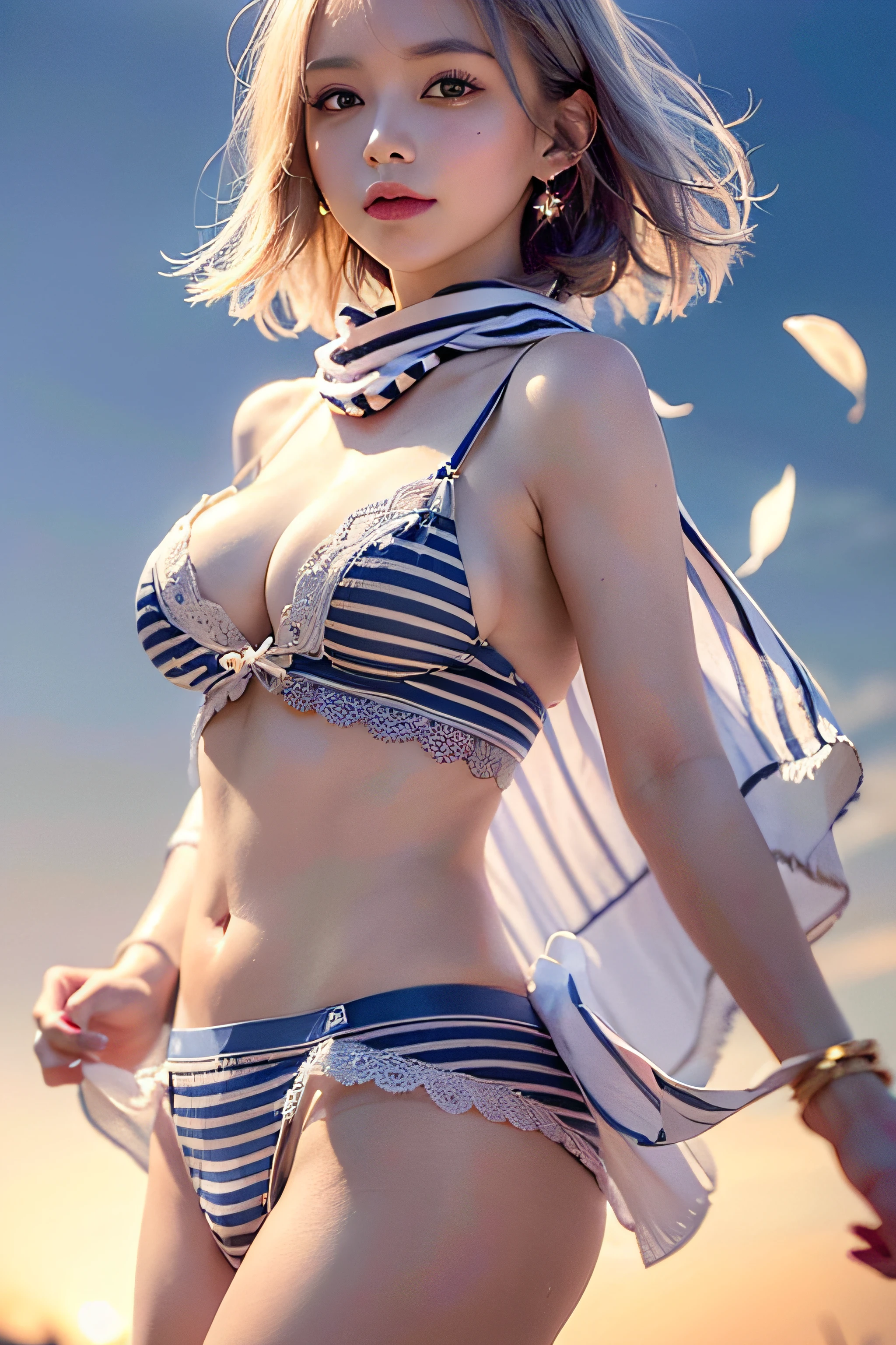 Trip (Only slim shoulder straps, Ultra-low-cut top)( Very close view ) Face view , clothes see-through (((Outdoor paradise))), ((Petals flying in the air ))，Light smile，，camel-toe,(Crystal colorful lights),，Soft clouds，((|Cover with a scarf)), ((Cute clothes that are short and wide|no underwares|Slightly perspective ) ((greek architecture，Bohemian architecture，Hindu temples，Thai snacks，Thai style)) starrysky，Beautiful
（（Masterpiece））,（realisticlying：1.2）,best qualtiy,high high quality,absurderes,rich colourful,stunning art,best qualtiy, ultra - detailed,beautifuldetails， reflective hair,Good lighting, Ray traching， depth of fields,ultra - detailed,illustratio,astounding,finedetail,The is very detailed， （（ultra - detailed））， （Beautiful Meticulous Girl）， Beautiful detail glow， Complicated details， A high resolution， Extremely refined and beautiful,beatiful detailed eyes， hdr， Round eyes, detailedfacialfeatures,（Round pupils：1.4） （illustratio）,（美丽细致的眼睛）（Very very detailed face））， depth of fields,（alluring face）(（ssmile：1.3）)， Smiling lips， （looking at viewert：1.1） closeup cleavage， wide wide shot， Side Body， photore， lewd poses ， Moody light， Sistine Phil Beldev, Smile，（（（Masterpiece，Best quality，A high resolution）））），Extremely detailed 8K，Beautiful girl with busty body，（hyper HD，ultra - detailed，High detail，high realistic，Ultra-realistic，Photo realism）,（1girll：1.5）,（realistic dark hair），Short curly hair，Bob cuts hair，（Dynamic posture），Face the camera,A shallow smile,Open lips，Light blue eyes，Average chest，
（Beautiful and detailed face，Beautiful and delicate eyes），Sunlight）,（Beautiful buttocks 0.5），Color backlight

split, Cover your chest with only your hands，hips bare，earring，Pink sexy yarn,（(Striped underwear、Black openwork underwear、Transparent embroidered tulle underwear set,Gold bracelets，Pink lace gloves)）Lace pantyhose、Lace gloves、Wedding headscarf、pearls necklace,（toppless）(Very small panties),Moles under eyes, ((Gray-blue hair))，Crystal glowing necklace