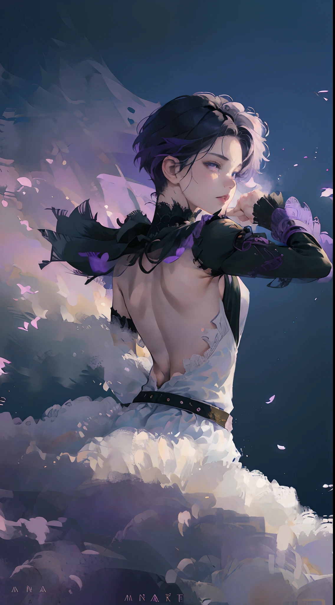 (Best Quality,4K,High resolution), 18yo woman, Purple mesh hair on black hair, Boyish short-haired , Comical appearance,(Best Quality,4K,High resolution), 18yo woman, Purple highlights on black hair, Bery short hair,disheveled short hair ,(Best Quality,4K,High resolution),Sharp eyes ,Cold eyes,purple glowing eyes,Facial expression enhancement,Delicate illustrations drawn in detail,Intricately decorated high neck,sleeveless jacket,Black and purple color scheme,Realistic portrayal,Vibrant colors,expresive,Stand with your back to you(Best Quality,4K,High resolution), Comical appearance,(Best Quality,4K,High resolution), 18yo woman, Purple highlights on black hair, shorth hair,Bery short hair, Beautiful woman,Cold eyes ,sharp eye,comic strip,animesque,Deformed cute illustration,facing back,Losing sight of tomorrow,Time to be crushed,Time to chase,Kindness,Swaying in the wind,Resonant melodies,Warmth