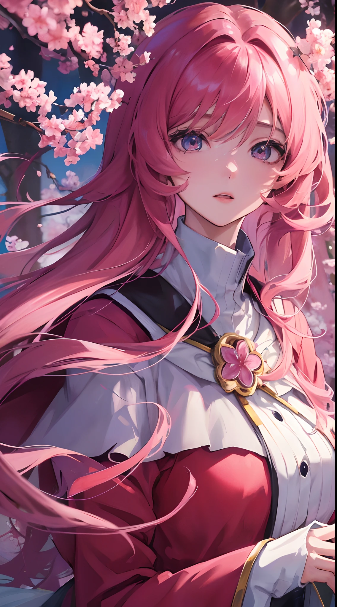 An anime girl,Anime background art,anime backgrounds,Anime Nature,landscape artwork,Cherry blossom forest,beautiful anime scenery,Anime landscapes,anime nature wallpaper,Anime landscapes,sakura season,high detal,high qulity,Good atmosphere,delicated,cg render,detail render,(Delicate facial portrayal)(Fine hair portrayal)(highest quality)(Master masterpieces)(High degree of completion)(a sense of atmosphere)(half-body portrait)