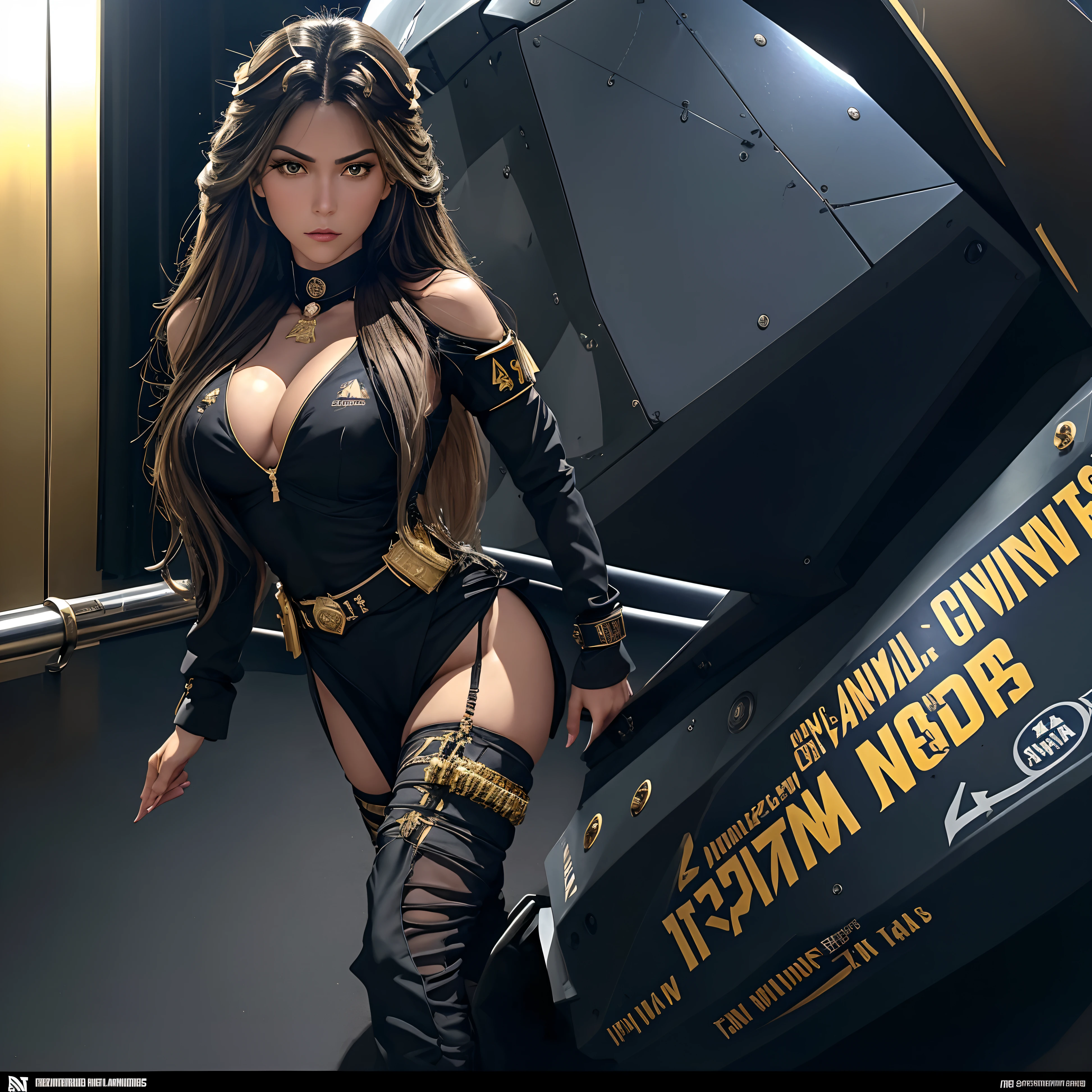 Gere uma imagem da personagem Mara, also known as 'Mara Death Dealer', do jogo Call of Duty: Guerra moderna: corpo inteiro, fisionomia cruel, ((Novo)) brincos grande, colar pulseira, rings, gold watch, na praia, sol poente, palmeiras, corpo escultural, flowing hair, ((metralhadoras, armas, Fuzil AK-47, Granadas, gold accessories)) standing on a ((tanque de guerra Russo T-14 Armata)), (((F-35 Lightning 2° Fighter))), ((Sistema patriot,)